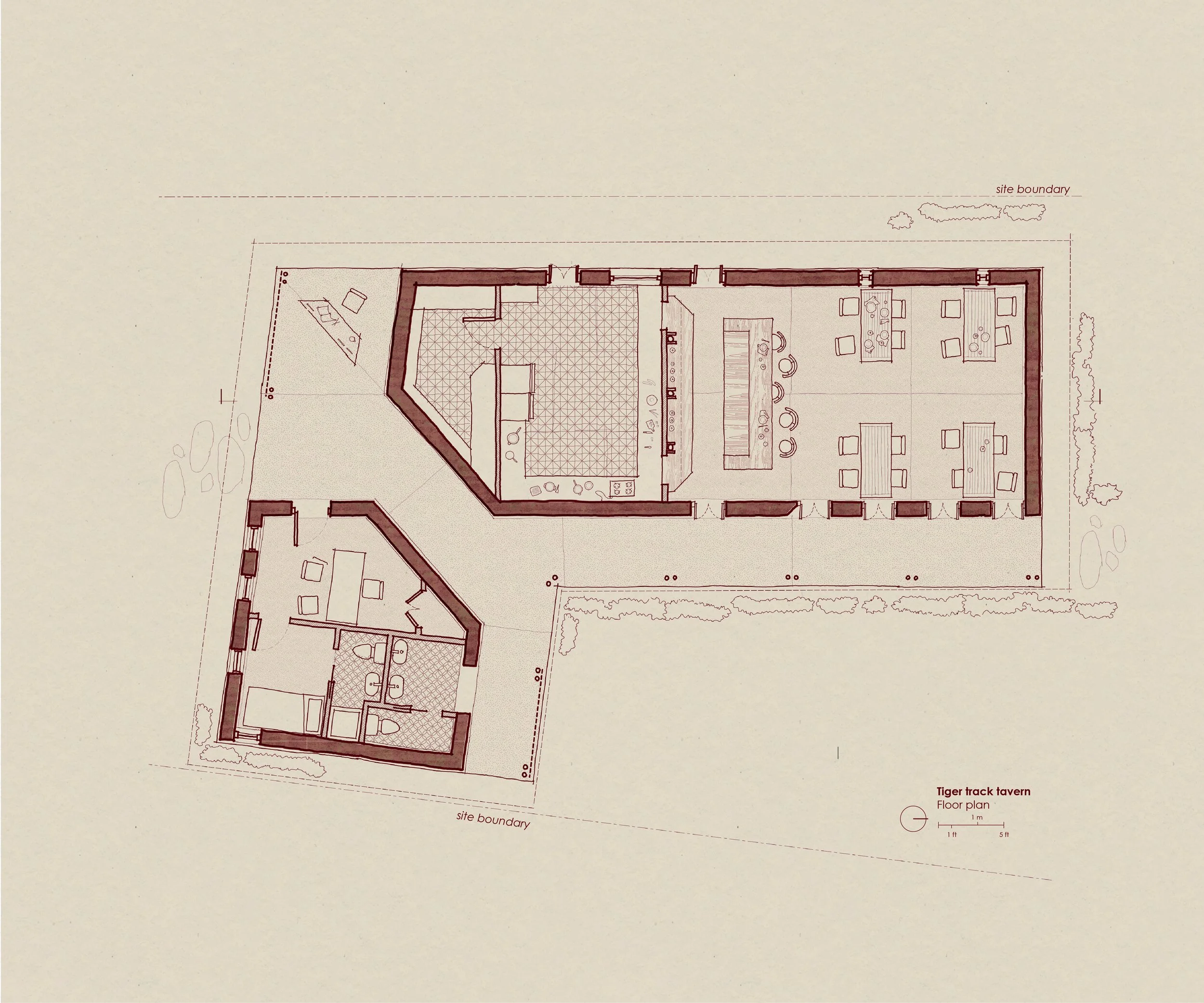Architectural floor plan of a building with detailed interior layout, labeled as 'Tiger track tavern Floor plan,' including multiple rooms, furniture arrangements, and boundary lines.