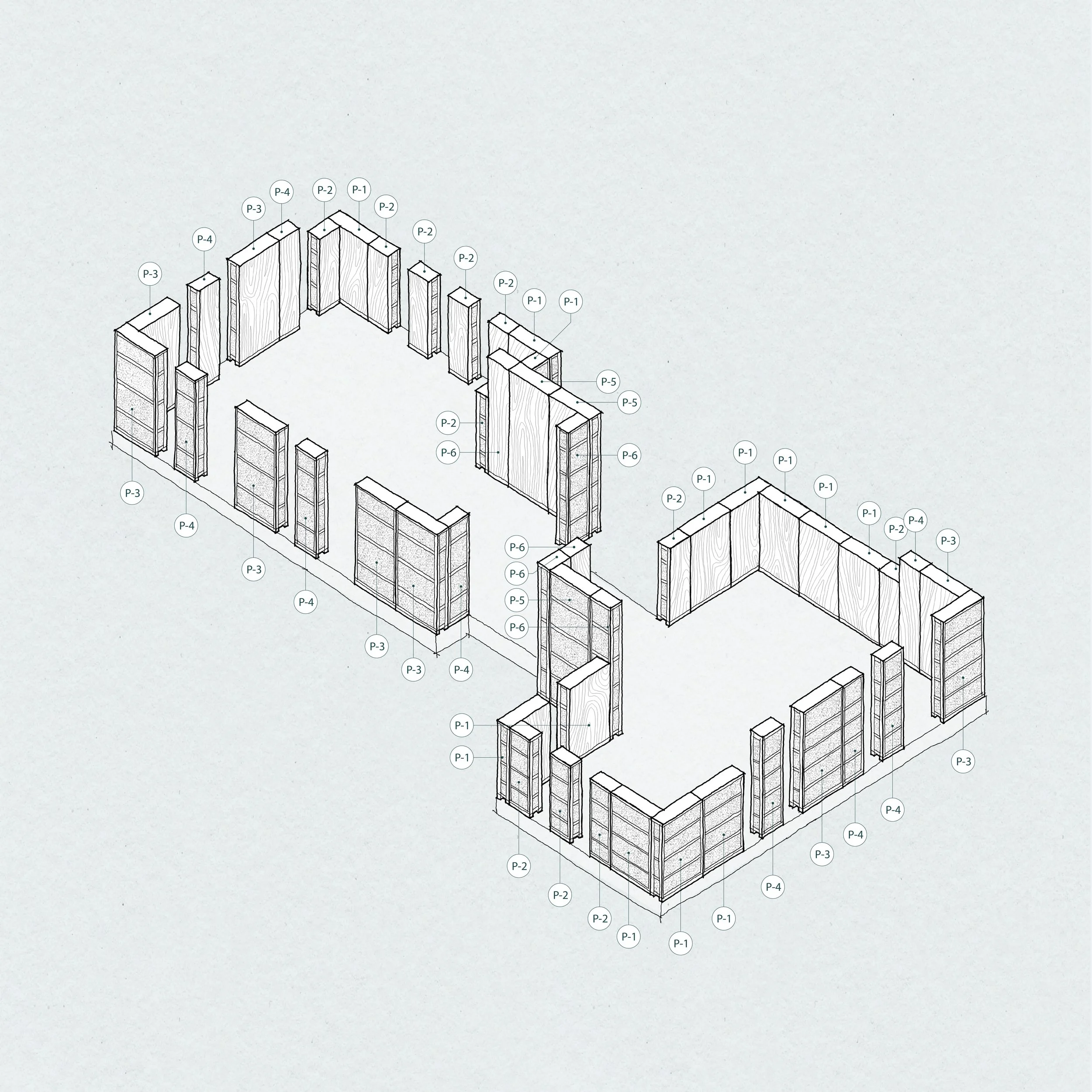 Axonometric drawing of the Welcome House prefabricated straw panels.