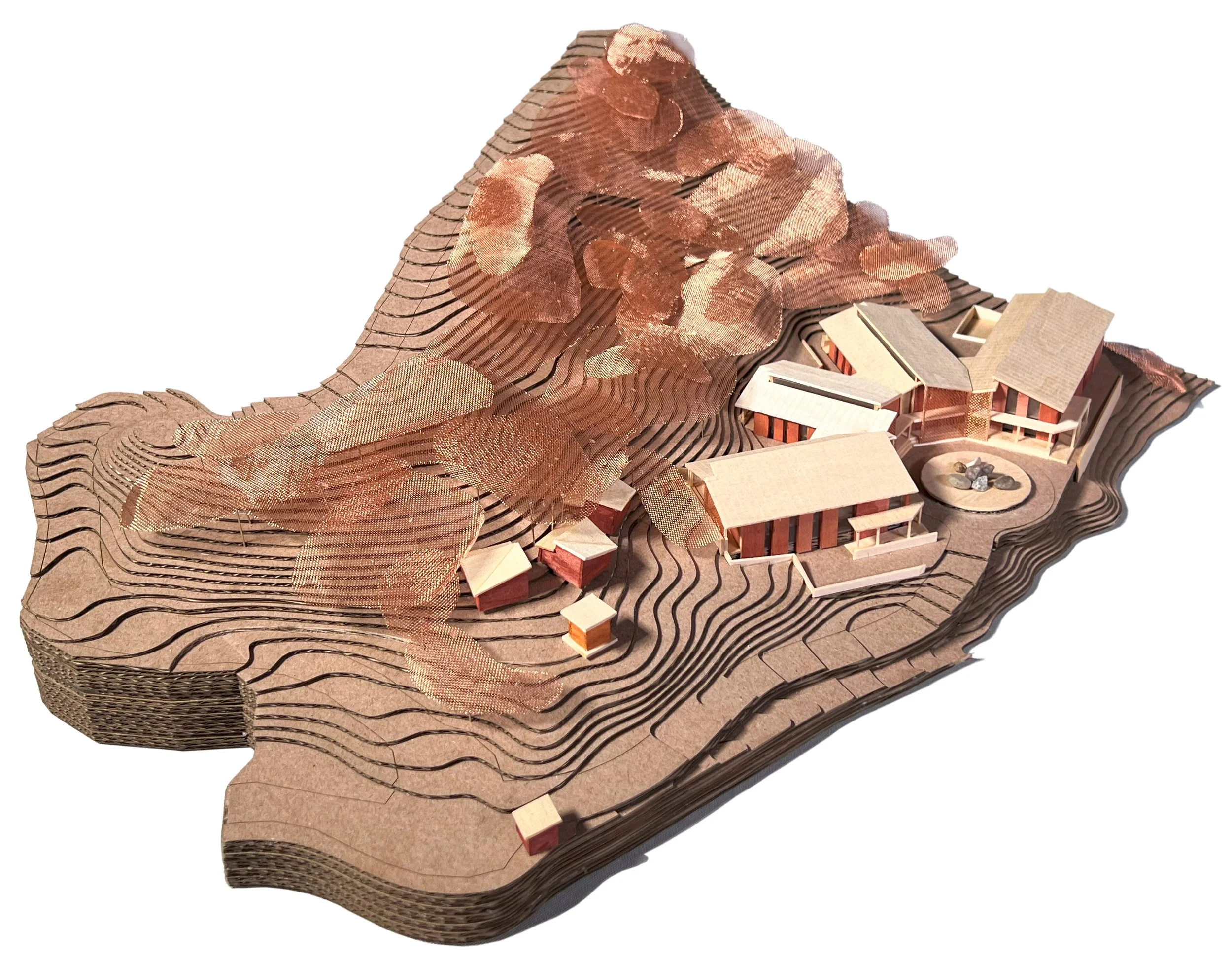 A detailed architectural model of the Helambu Health Post integrated into the steep terraced landscape of rural Nepal.
