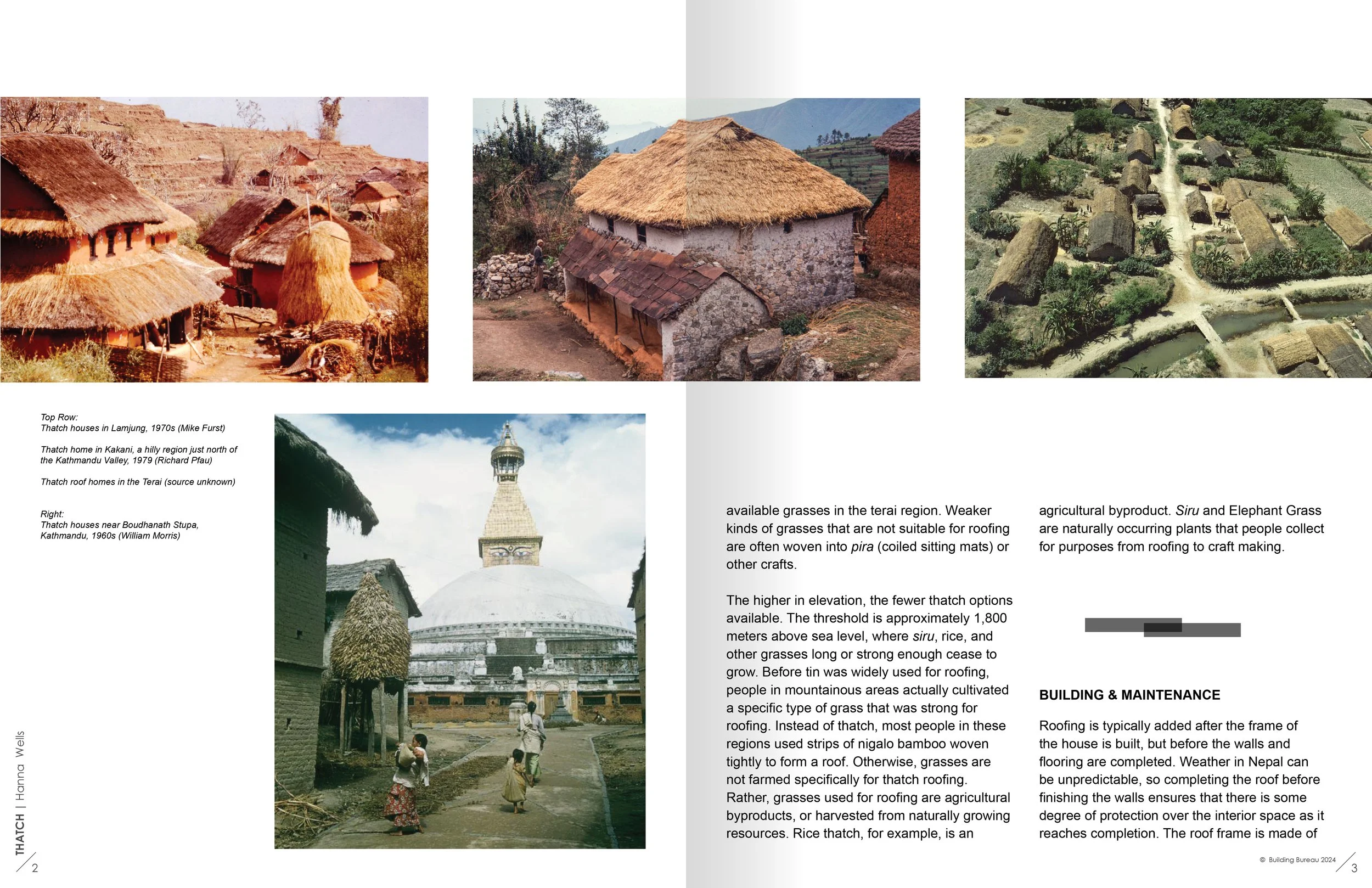 Photographs of traditional Thatch houses and structures in Nepal, including images of thatch roof homes, a temple with a thatched roof, and rural scenes.
