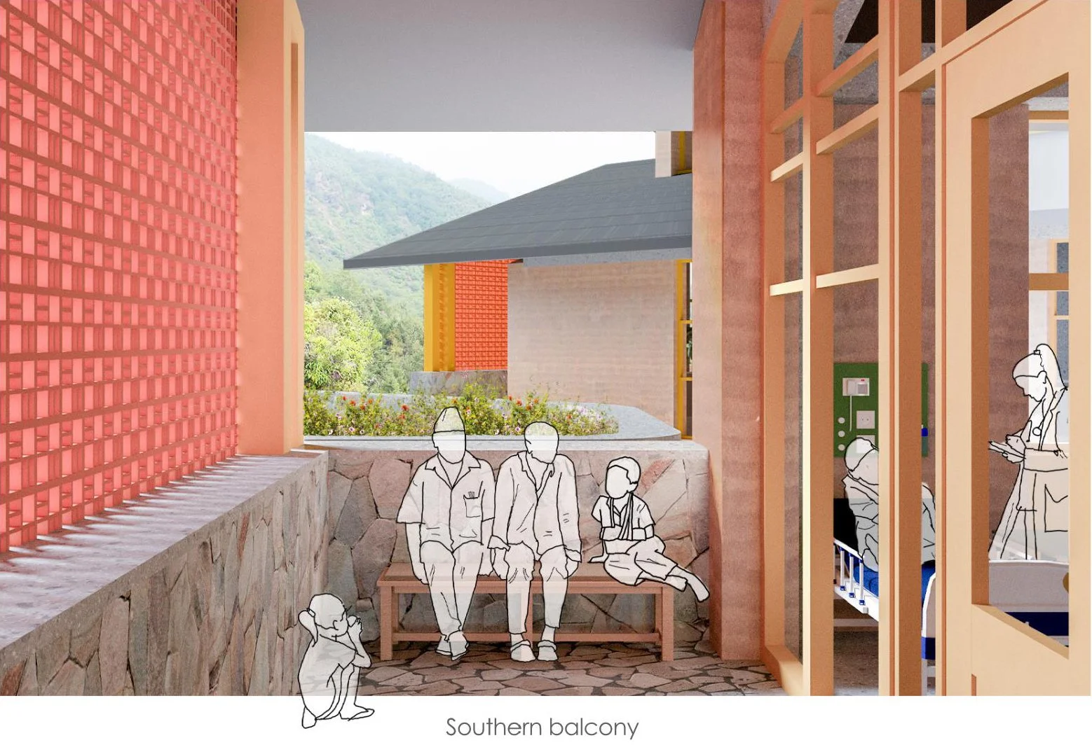 Exterior patio of the Helambu Hospital showing jali shade devices.
