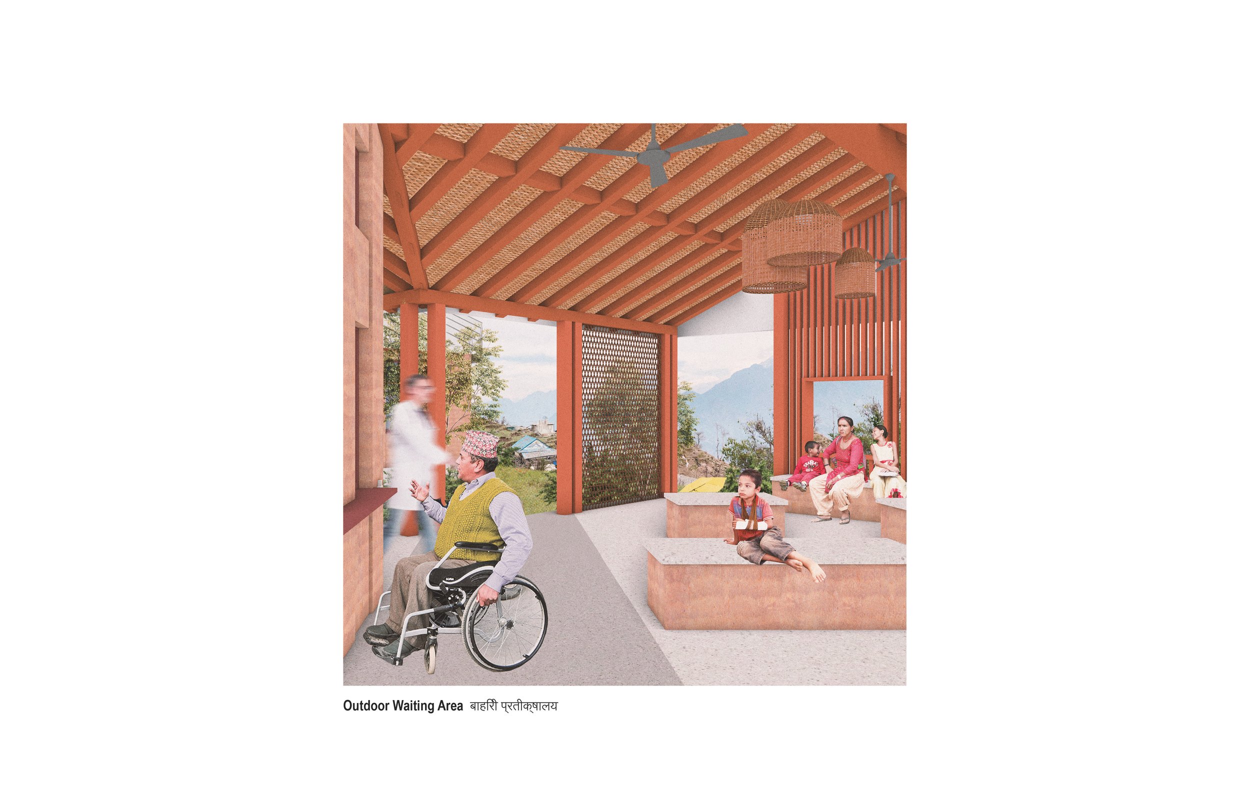Rendered view of the Ekuwa Health Post outdoor waiting area showing a man in a wheelchair and a woman holding a child.