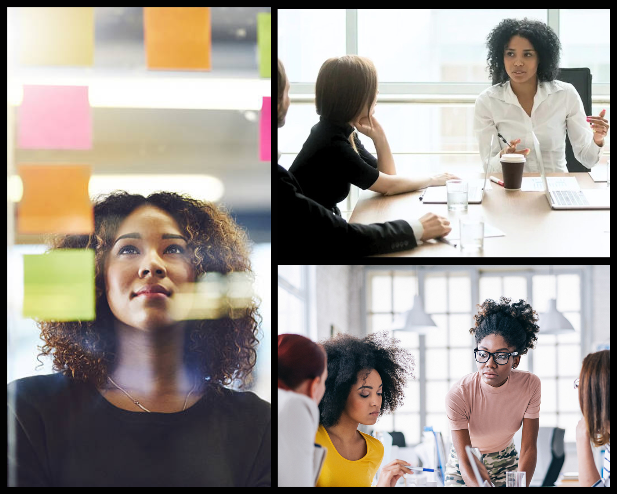 Collage of women in professional office settings: a woman with curly hair looking at colorful post-it notes on a glass wall, a woman presenting to a group in a meeting room, a focused woman with glasses listening during a discussion, and women engaged in a conversation at a conference table.