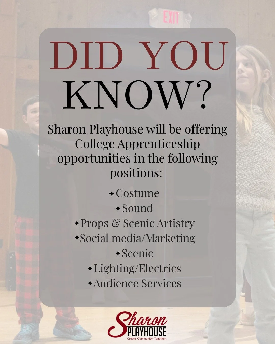 Spend your summer at the Sharon Playhouse! Applications are open until March 20, 2026 and can be found on our website: https://www.sharonplayhouse.org/apprenticeships