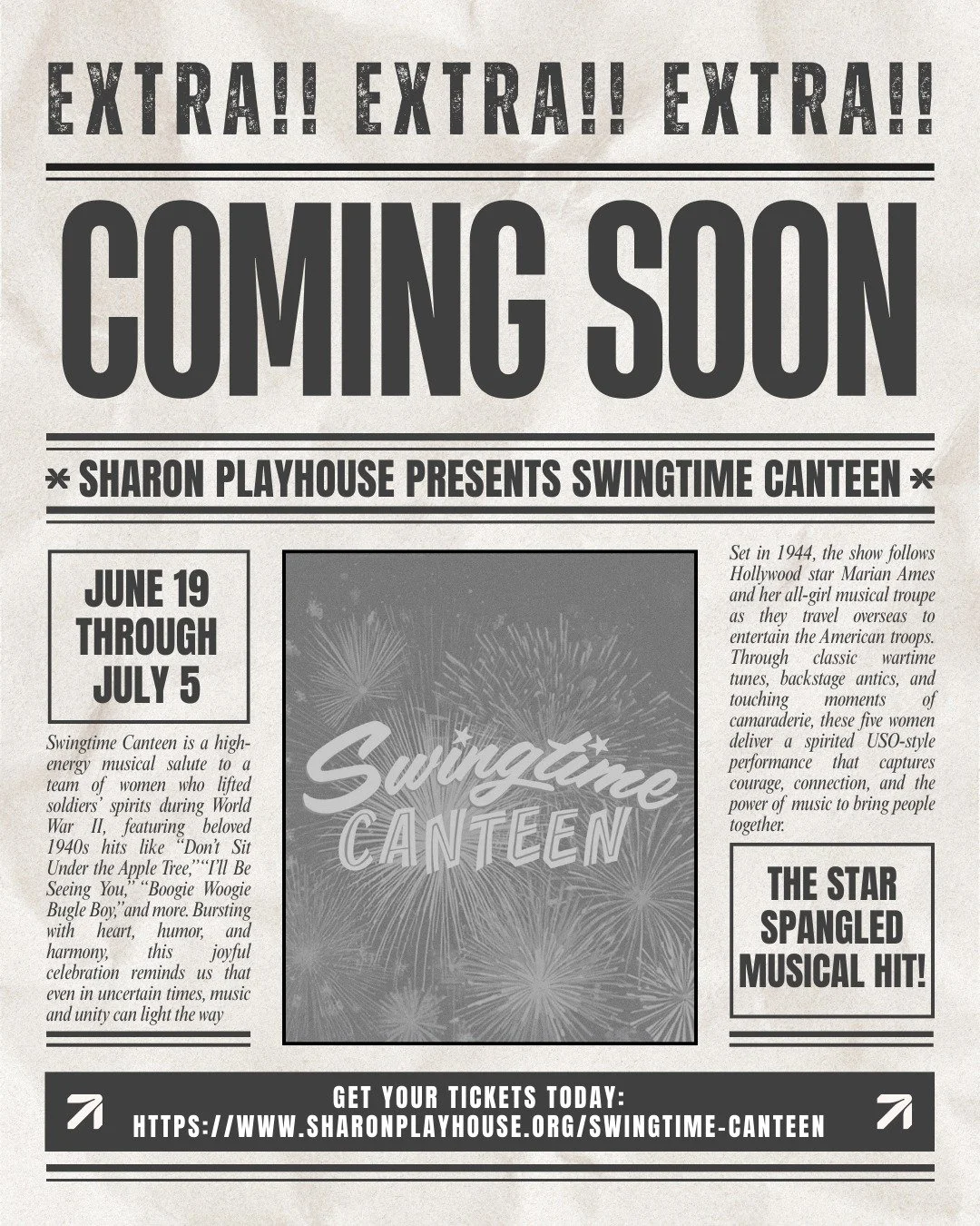 ✨ Extra! Extra! A star-spangled musical is coming soon!
Swingtime Canteen arrives at Sharon Playhouse June 19 &ndash; July 5 🇺🇸🎶
Get ready for a high-energy tribute to the music that lifted spirits during WWII.
🎟 Secure your tickets now: sharonpl