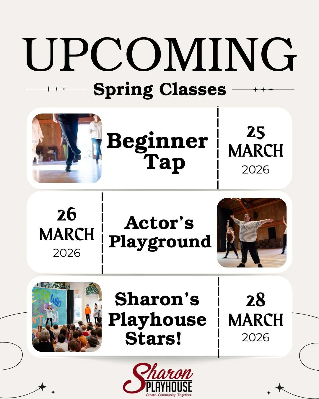 At Sharon Playhouse, learning never happens just once. 🎭

Our Spring Classes kick off this March with Beginner Tap, Actor&rsquo;s Playground and Sharon&rsquo;s Playhouse Stars. They are designed for performers of all ages and experience levels.

If 