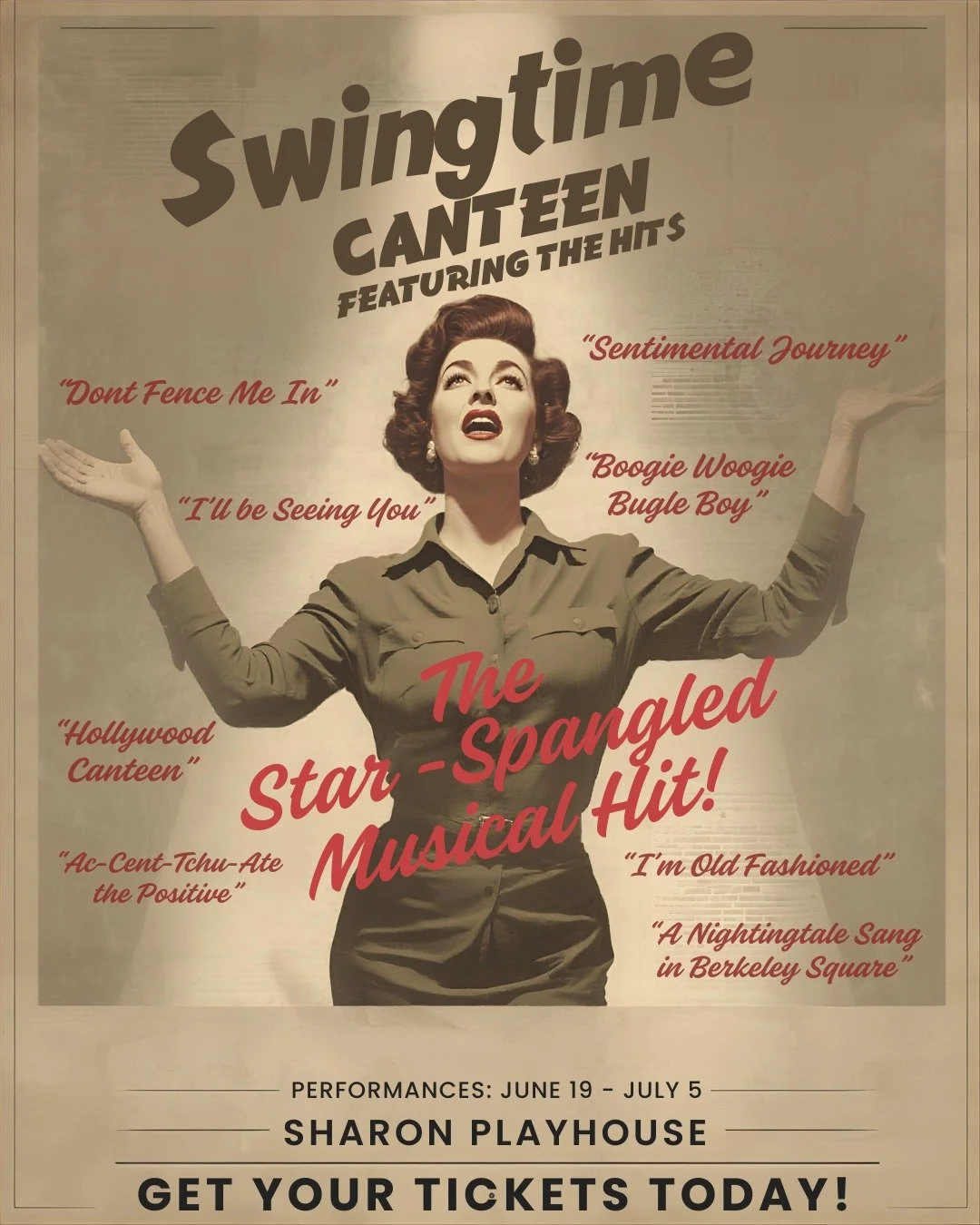 Swing into summer with Swingtime Canteen! 🎺

Get ready for powerhouse vocals, iconic 1940s hits, and a night of nostalgia you&rsquo;ll be humming long after the curtain falls.

📍 Sharon Playhouse
📅 June 19 &ndash; July 5
🎟 Tickets on sale now!
