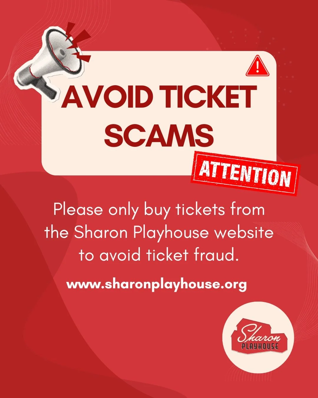 🚨 Dear patrons and friends of the Playhouse, as our 2026 season arrives in just a few short months, please be advised to purchase your tickets only on our website.🚨

Ticket fraud is becoming more common, so double-check when making your plans to vi