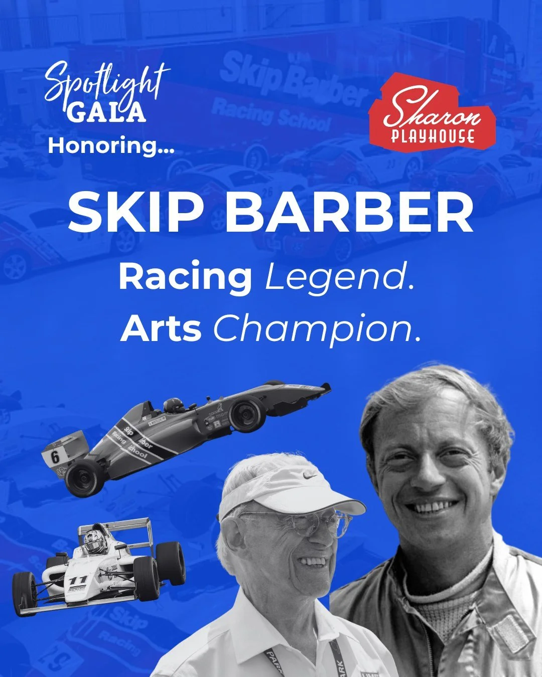 A true legend in his field. 🏁
A steadfast champion in ours. 🎭 

This Saturday, the Sharon Playhouse proudly honors Skip Barber, motorsports pioneer, community leader, and longtime Playhouse supporter.

Join the celebration! ✨ 

🎟️ Tickets at sharo
