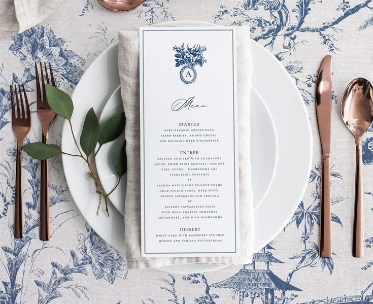 Printable Wedding Menu Card Template in Blue and White, Editable Vintage Classic Dinner Drink Buffet Table Menus, Delft Blue Chinoiserie.jpeg