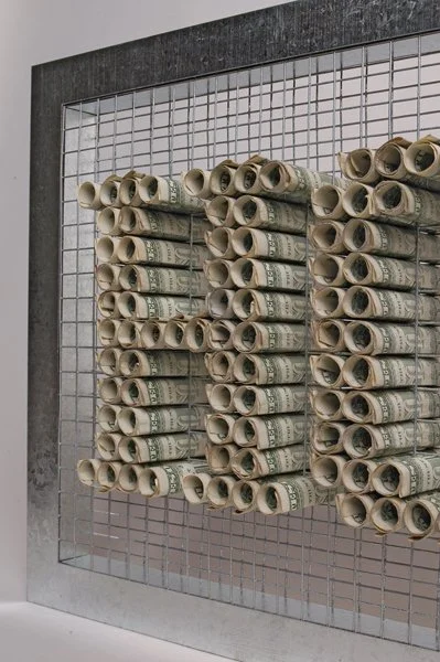 Honesty (detail) |
Dollar bills, hardware mesh, galvanized steel, Wood |
11.5” h x 39” w x 2.6” d |
2008
