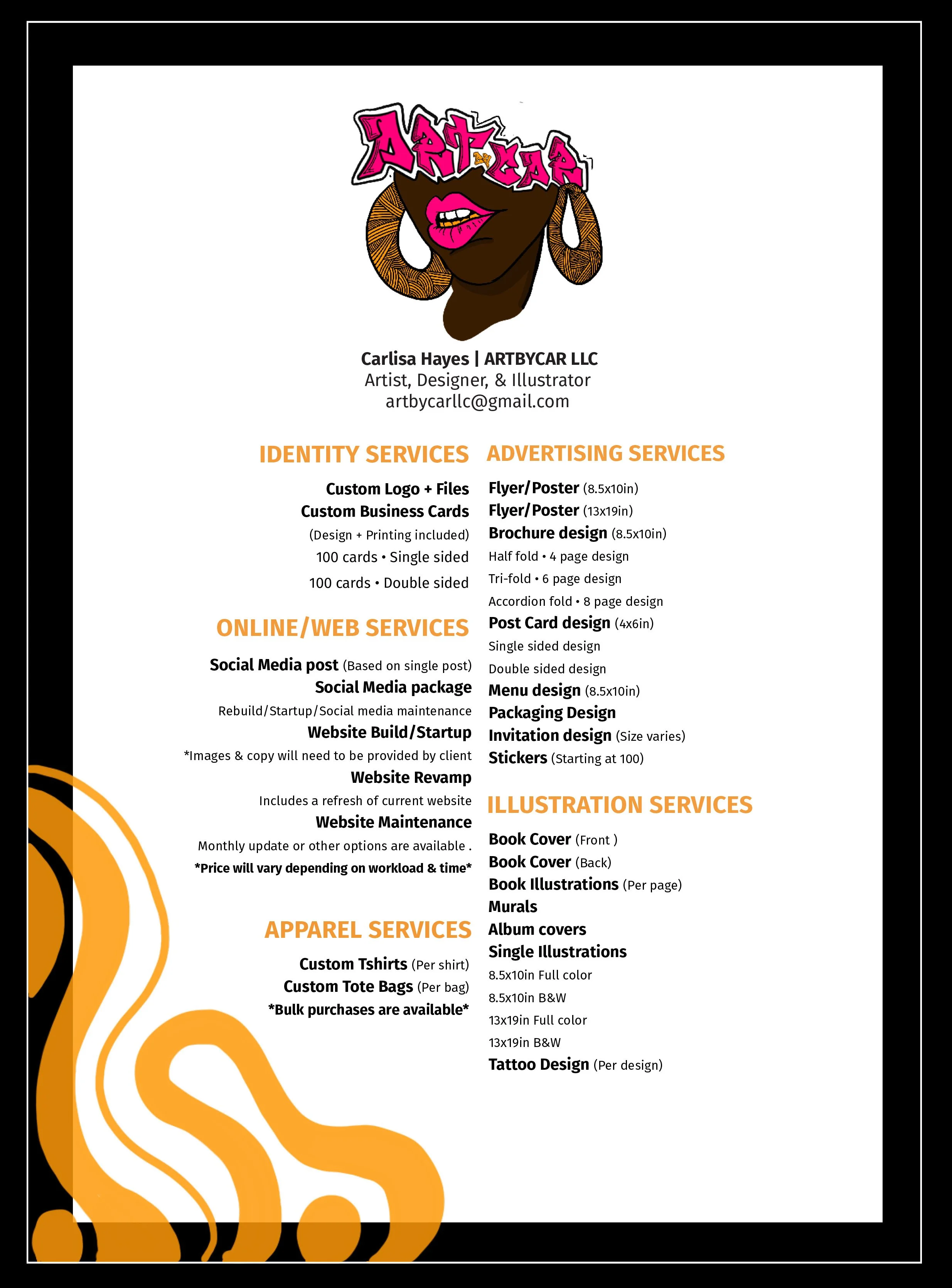 Design service flyer for Carlisa Hayes at ARTBYCAR LLC highlighting identity, advertising, online/web, illustration, and apparel services with a colorful graphic of a woman's face and earrings at the top.