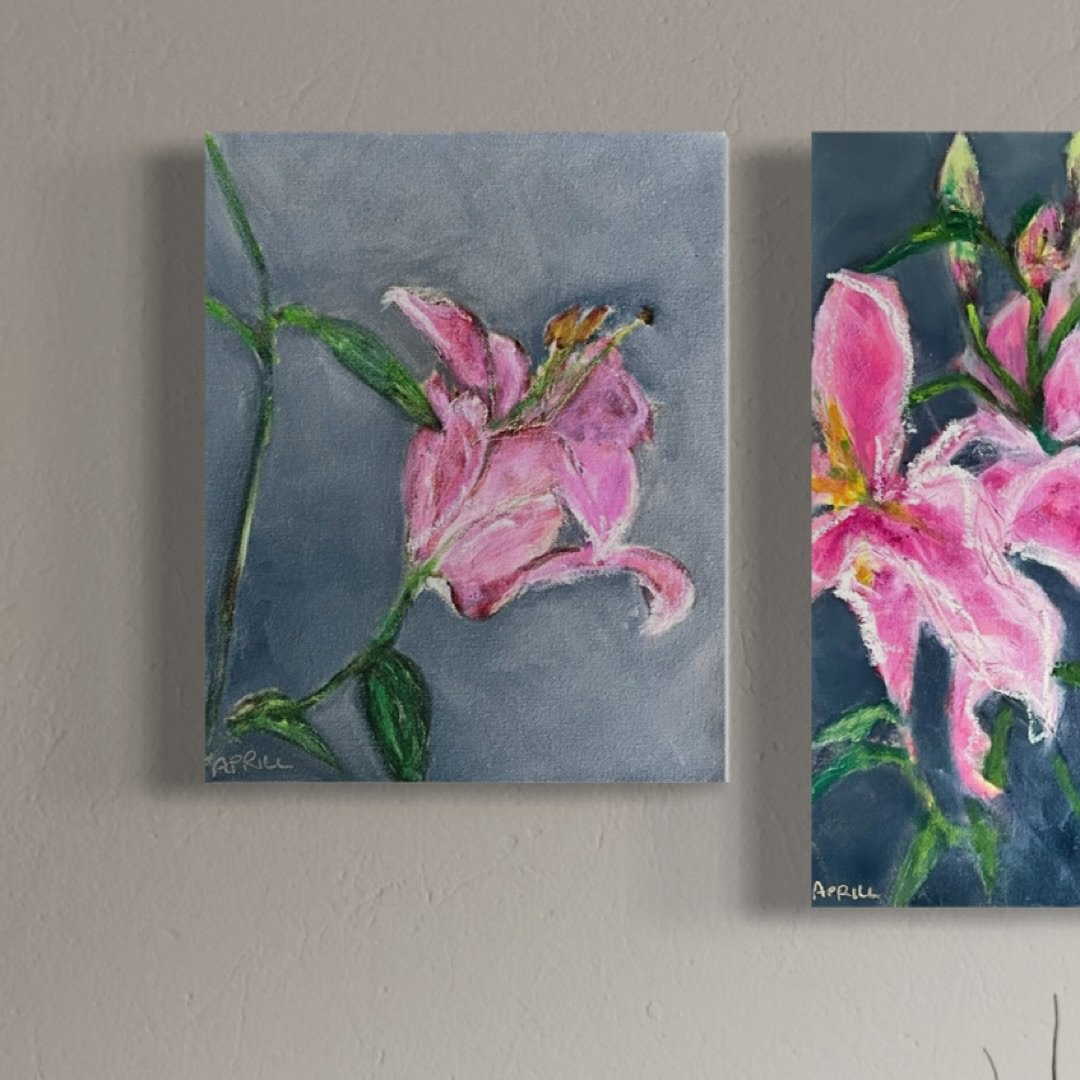 Now available for sale. Late Bloomer in Three Acts. Oils on stretched canvas. 

Originally painted years ago and recently reworked with fresh energy, this trio of hot pink Asiatic lilies tells a story of return, refinement, and resilience. Each panel