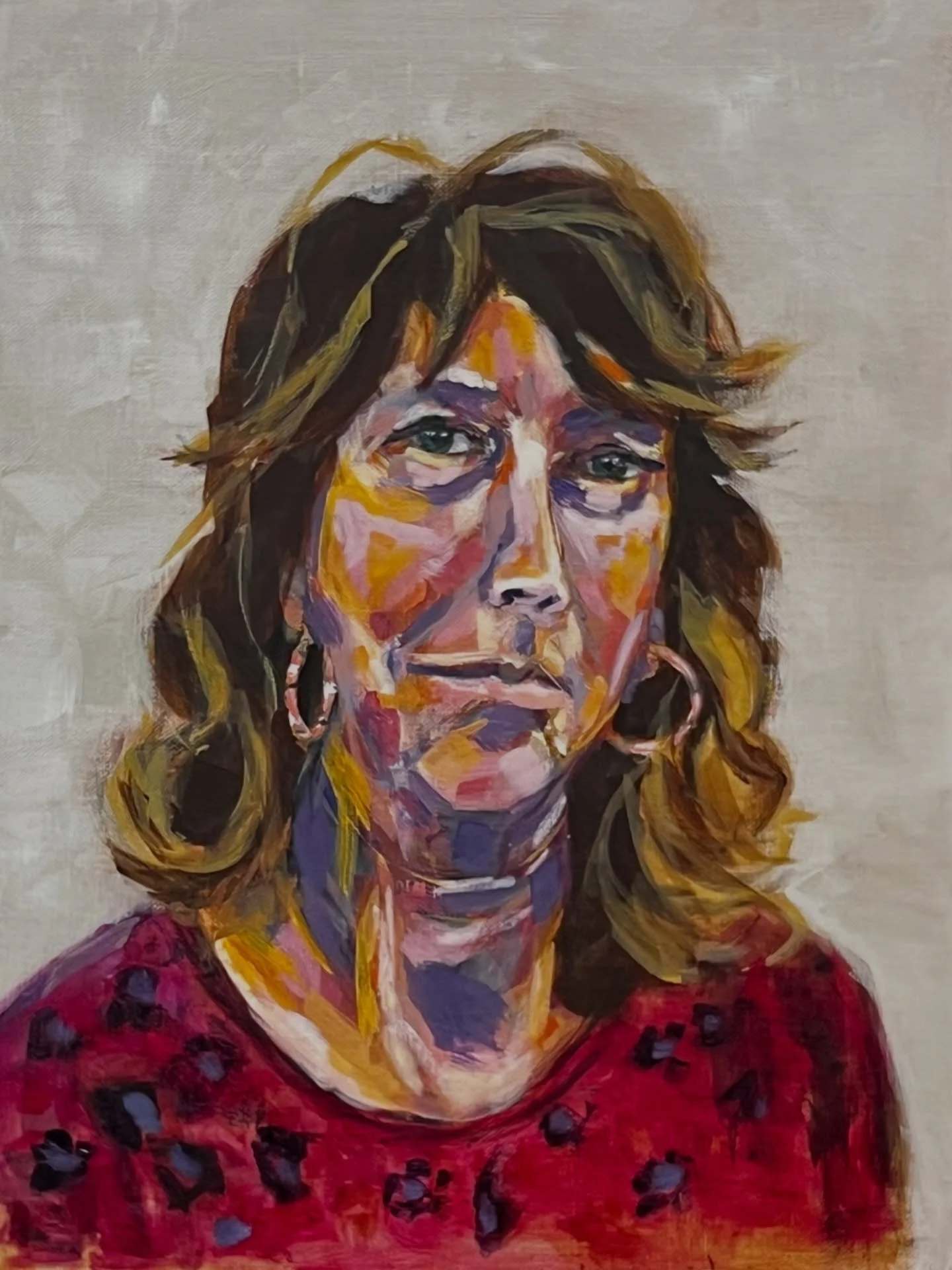 I found painting this self-portrait quite confronting as evidence of my getting older. I don&rsquo;t see this when I look in the mirror. 

But the bags under my eyes are real and the effect of time and gravity on my 50yo face is inescapable. 

Acryli