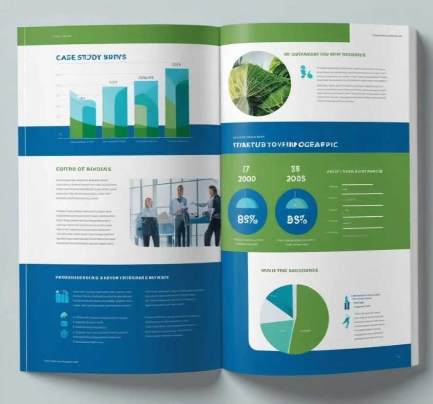 Open magazine spread with colorful graphs, a photo of people in a meeting, a circular image of green leaves, and a pie chart. The layout uses green and blue accents.