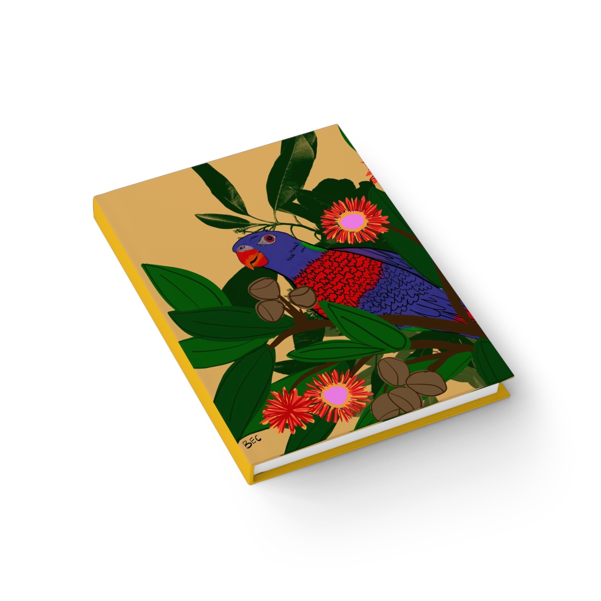 Colorful drawing of a bird with red, blue, and purple feathers perched on a branch surrounded by green leaves and pink flower blossoms.