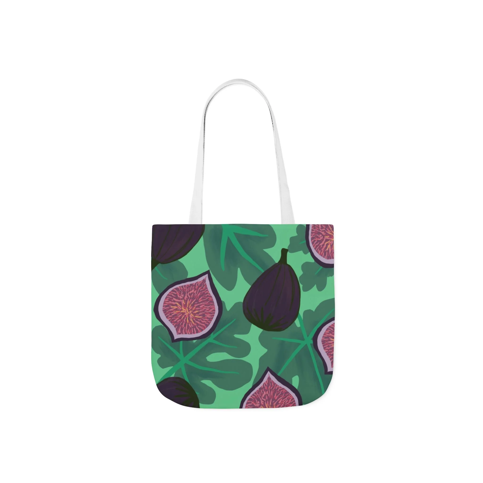 Colorful tote bag with green background, featuring illustrations of whole and sliced figs and green leaves.