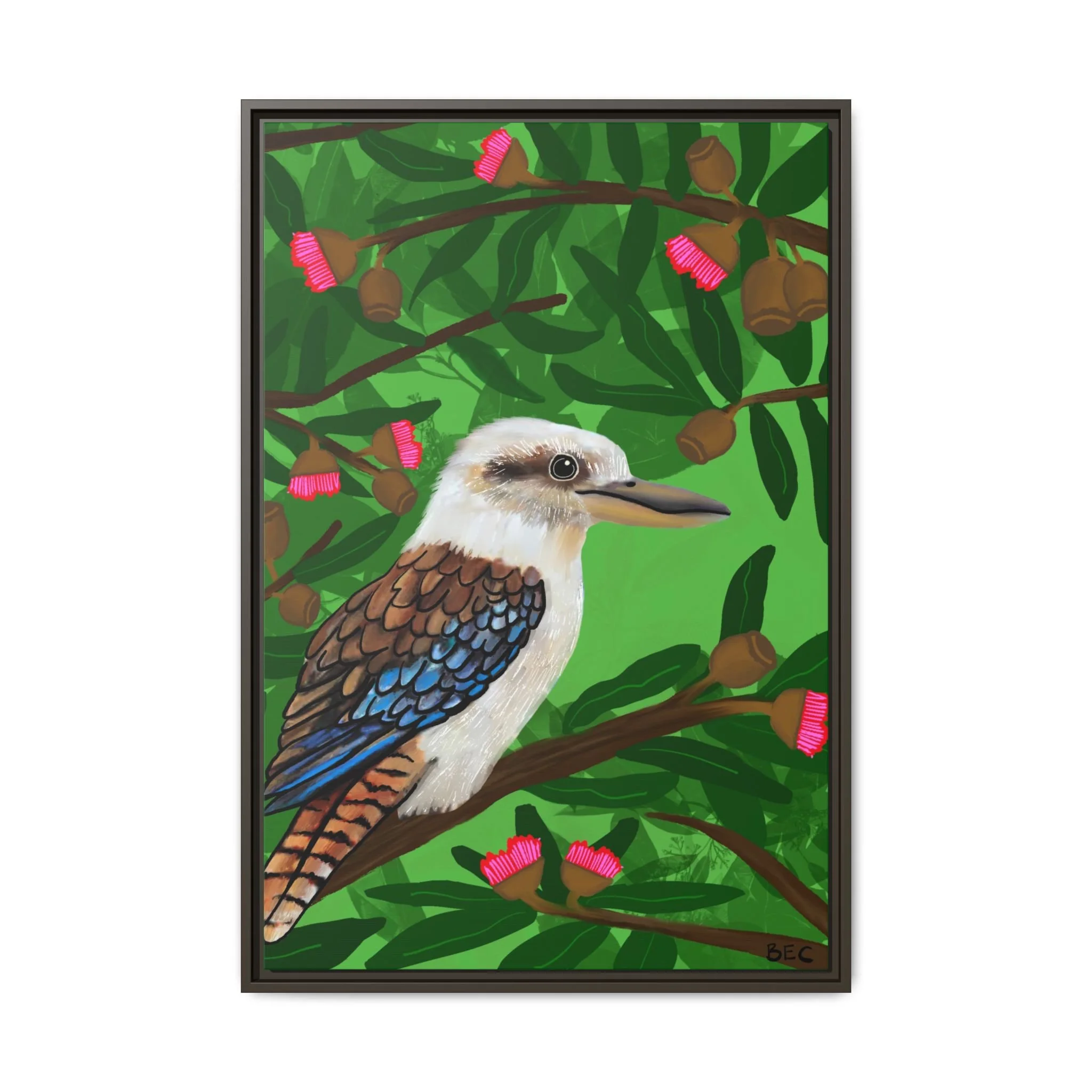 Digital painting of a kookaburra bird perched on a branch with green leaves and pink flower buds in the background.