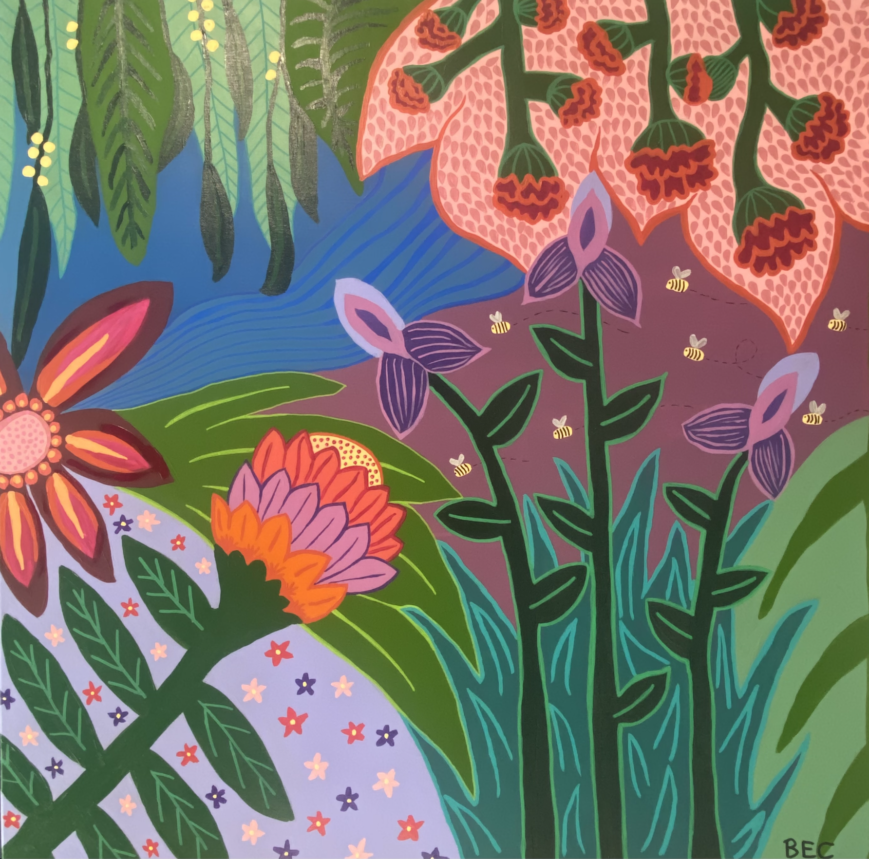 Colorful illustration of various flowers and bees in a garden with green leaves, pink, purple, orange, and red flowers, and a blue and purple background.