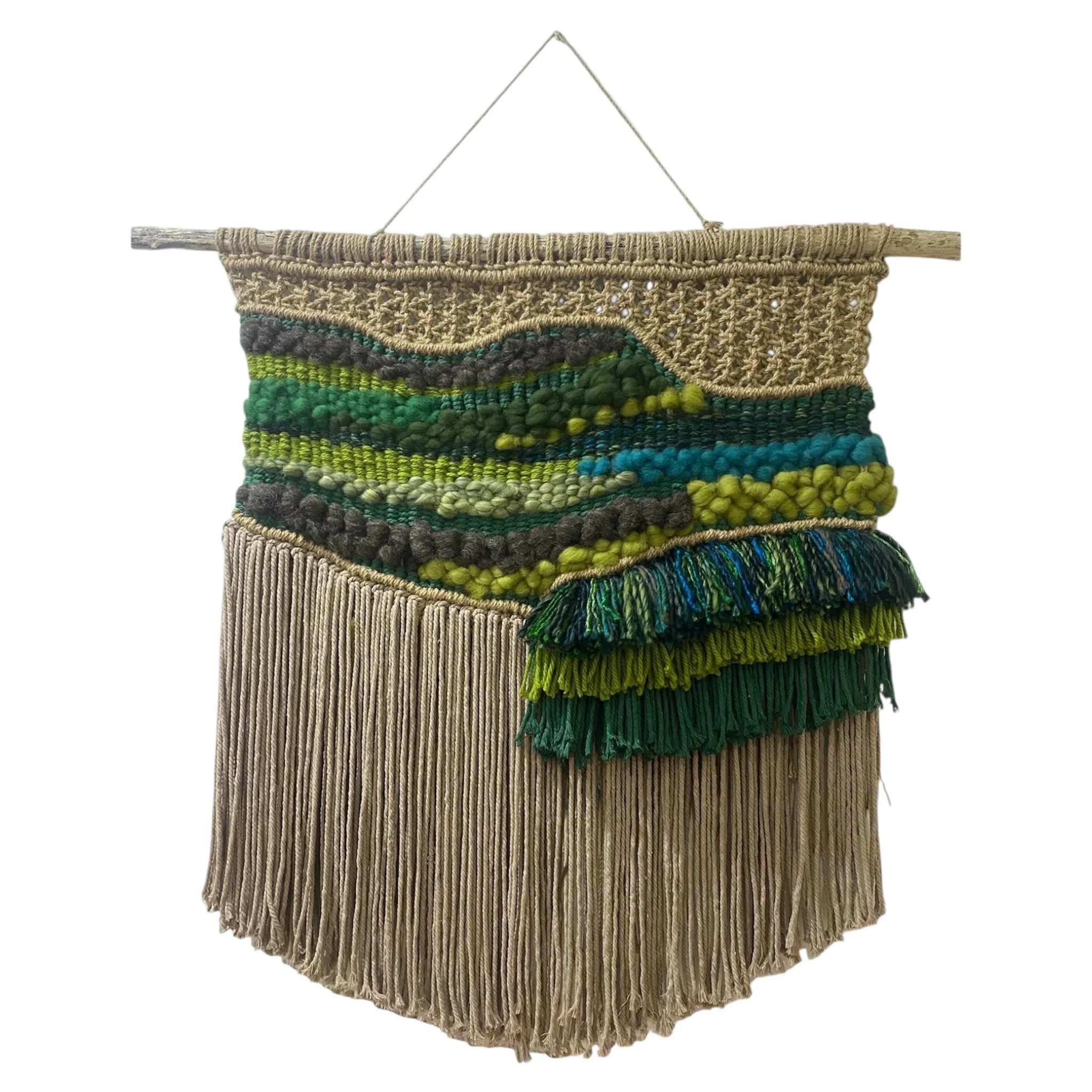 Colorful textured woven wall hanging with various patterns and fringes.