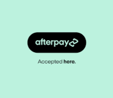 Afterpay logo with the text 'Accepted here.' underneath on a light green background.