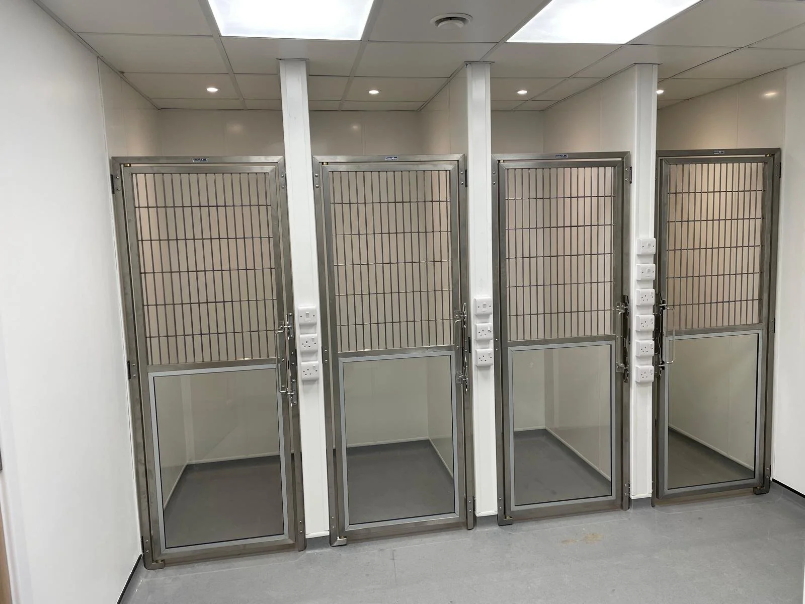 Four empty animal enclosures or cages with metal bars and glass sides, set against a white wall in a clean room, likely in a veterinary or research facility.