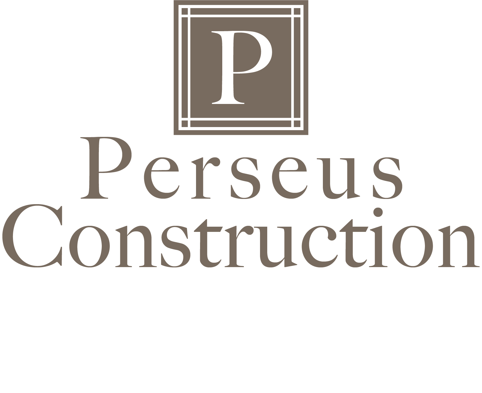 Logo of Perseus Construction featuring a large letter 'P' inside a decorative square, with the words 'Perseus Construction' below in a serif font.