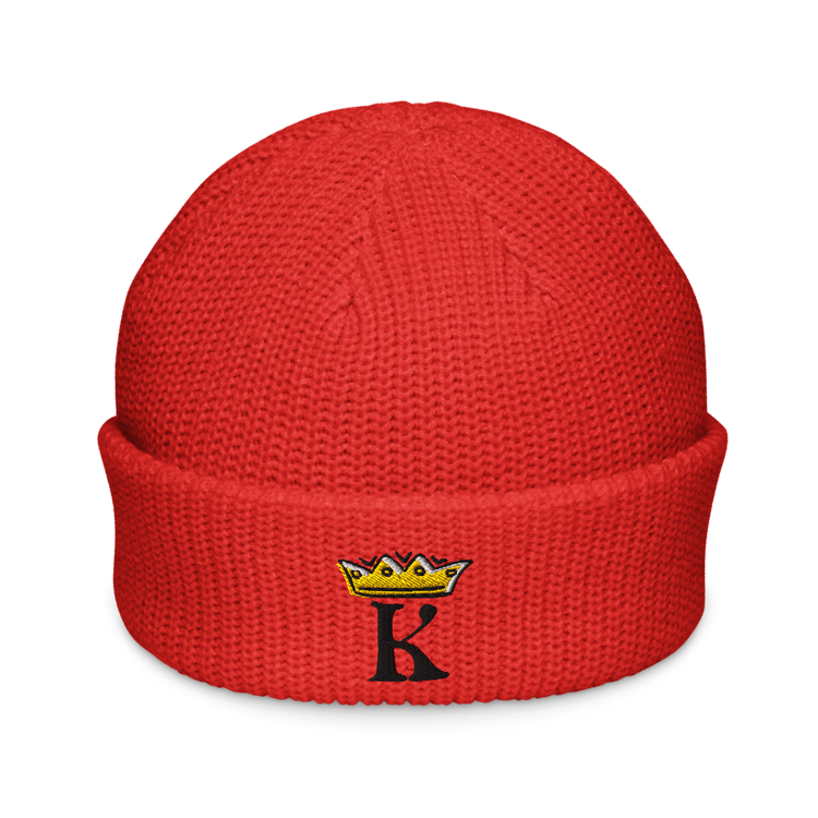 Red knit kaeleeetv beanie hat with a yellow crown and the letter 'K' embroidered on the front.