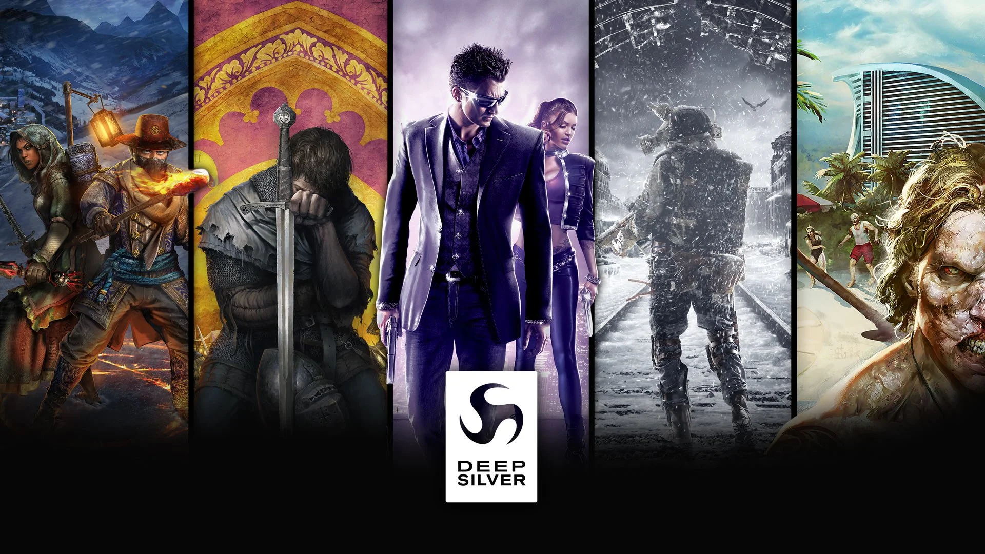 A collage of video game characters from various genres including fantasy, medieval, sci-fi, post-apocalyptic, and adventure, with a logo for Deep Silver at the bottom.