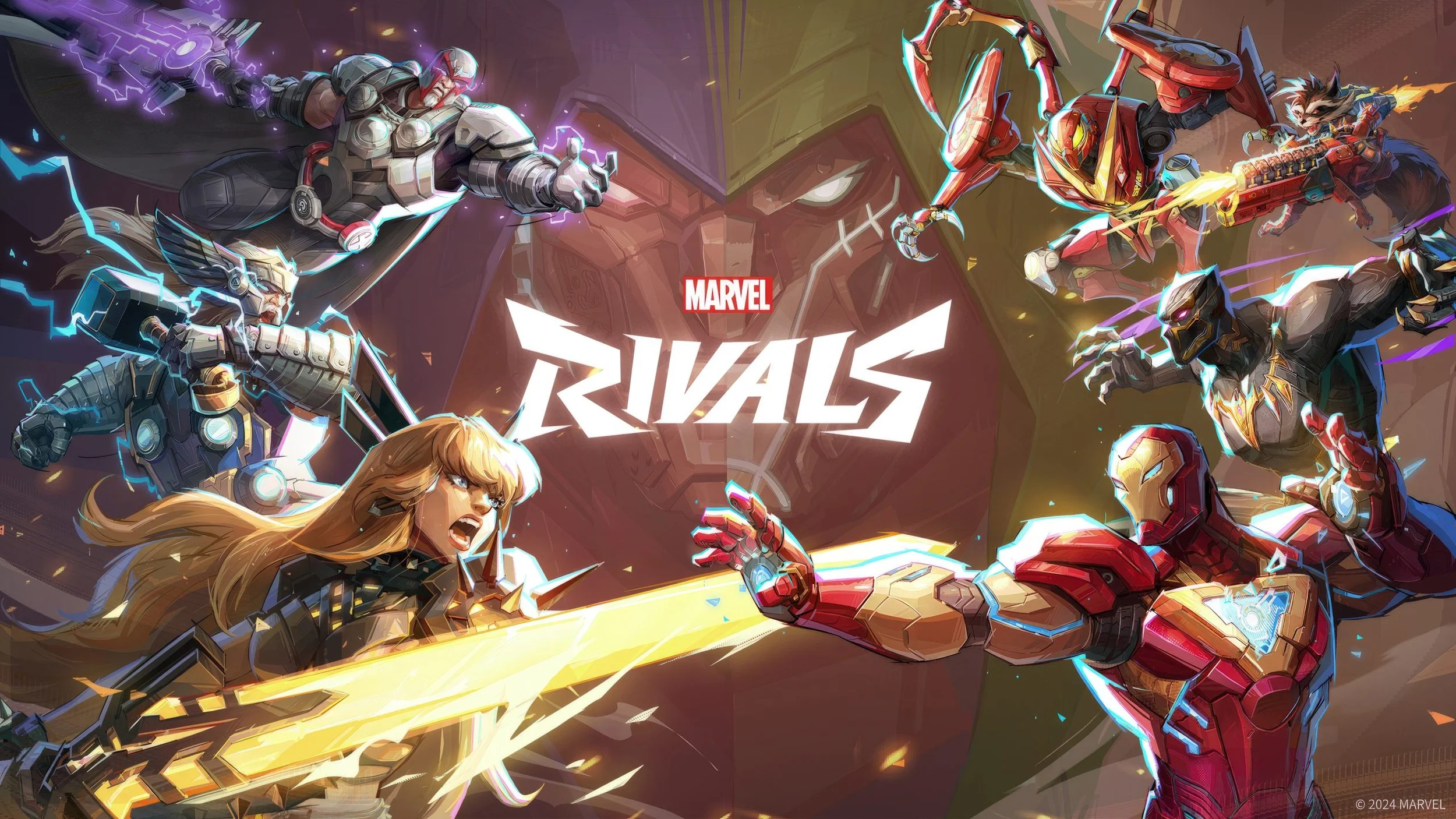 Digital artwork featuring Marvel superheroes Iron Man, Captain America, Thor, Black Panther, and She-Hulk in a battle scene, with the title 'Marvel Rivals' in the center.