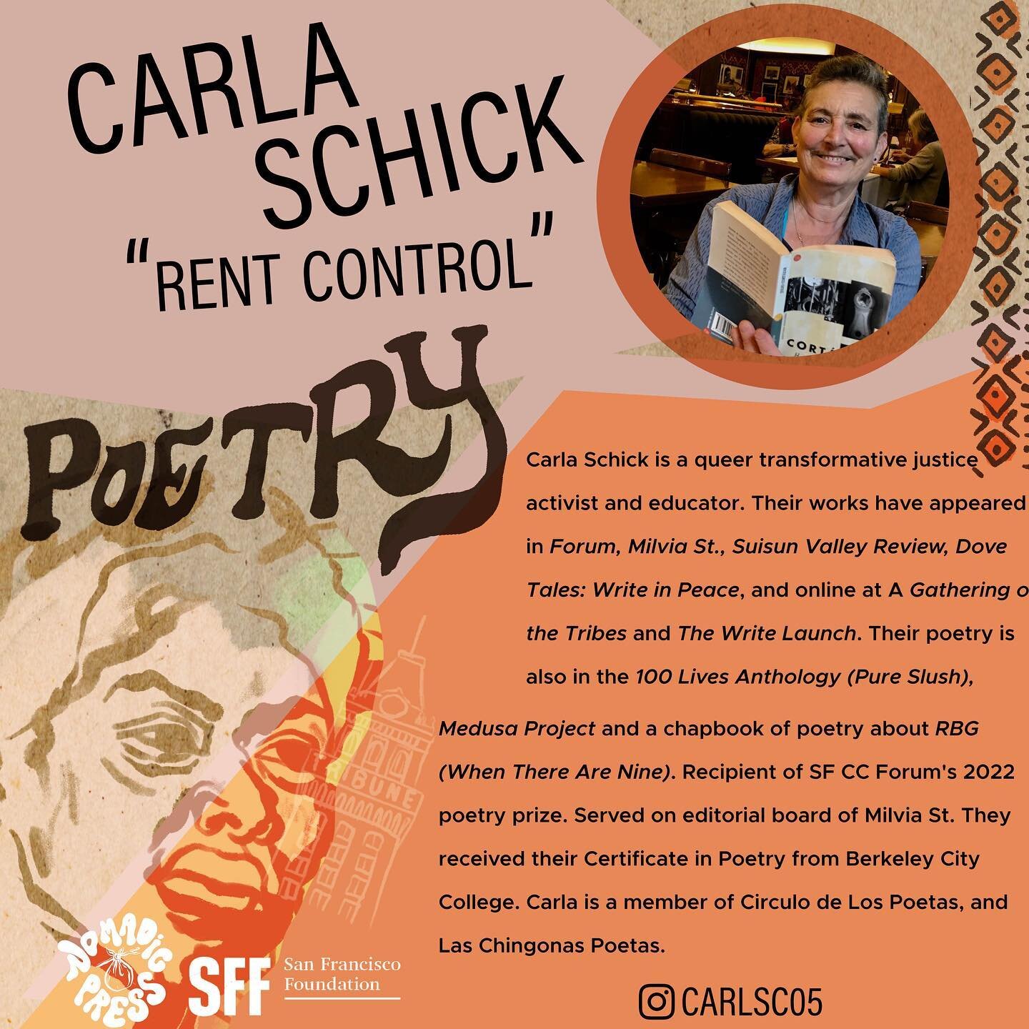Join us in congratulating Carla Schick, recipient of the 2023 San Francisco Foundation/Nomadic Press Literary Award in Poetry! Carla has earned $5000 for their poem &ldquo;Rent Control&rdquo;. Comment with your congrats and give Carla (who is new to 