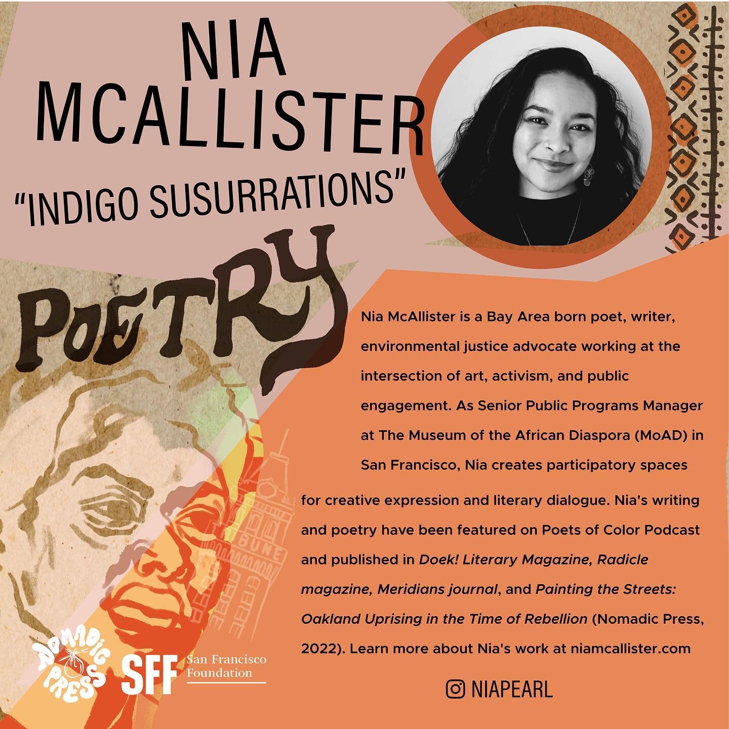Celebrating Nia McAllister, winner of the 2023 San Francisco Foundation/Nomadic Press Literary Award in Poetry! Nia won $5000 for three poems&mdash;&rdquo;Consort of the Spirits&rdquo;, &ldquo;In the Day Diamonds Are In the Water&rdquo;, &ldquo;Say H
