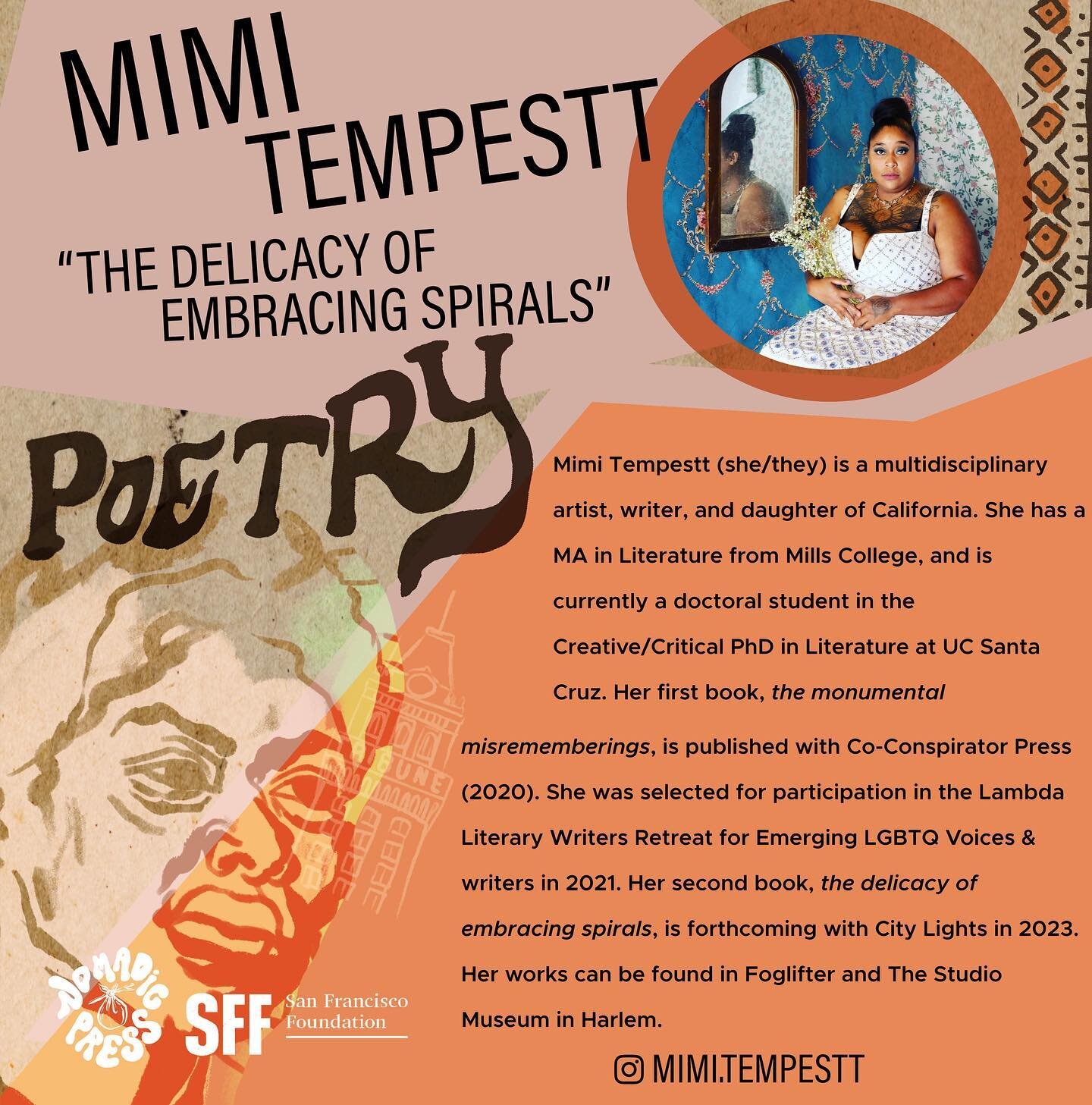 Congratulations to Mimi Tempestt, recipient of the 2023 San Francisco Foundation/Nomadic Press Literary Award for Poetry. Mimi will receive $5000 for the title piece excerpted from her second book &ldquo;the delicacy of embracing spirals&rdquo;&mdash