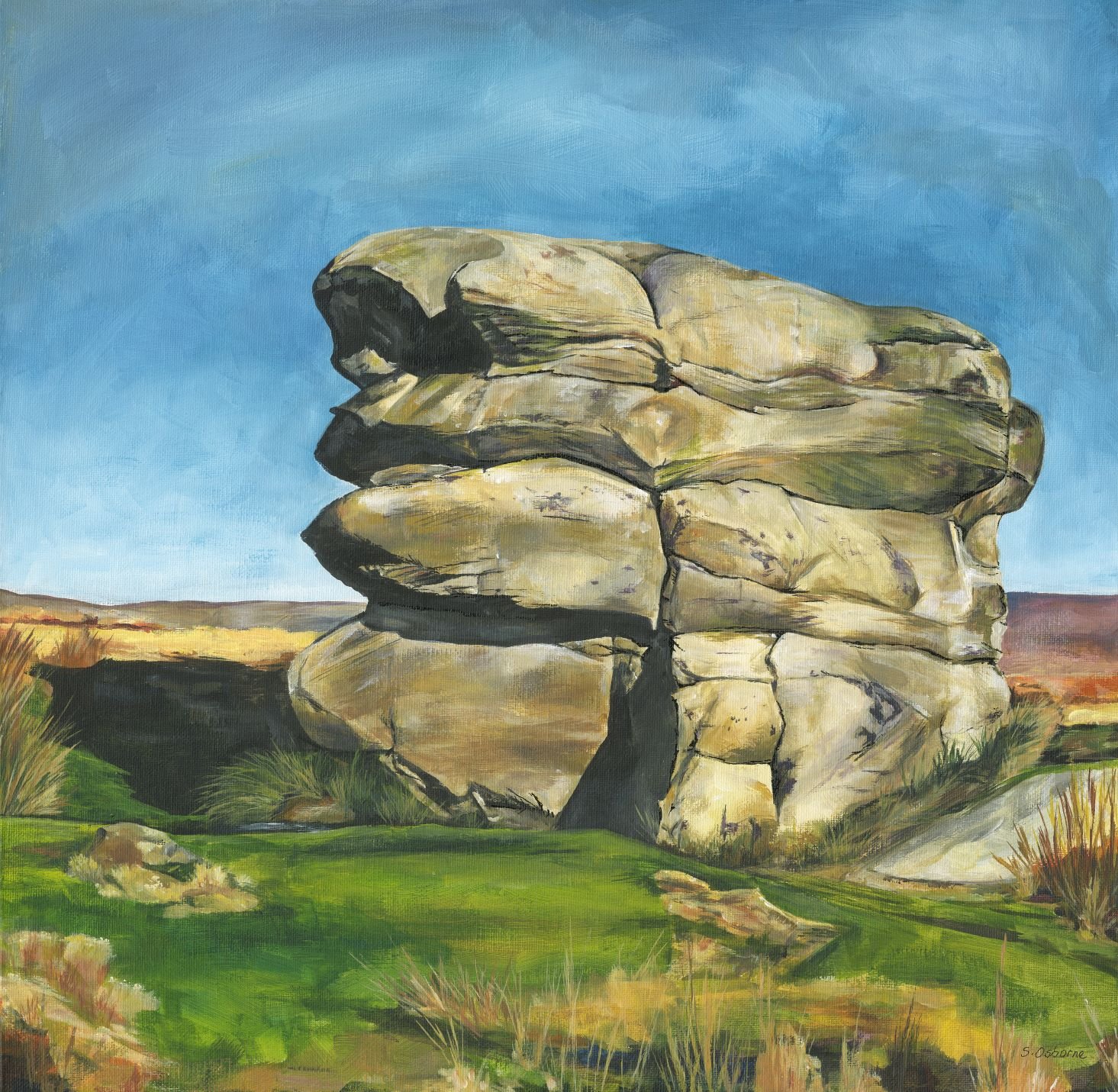 Eagle Stone in Winter Sun, acryllic painting on 3.5cm deep canvas 50cm x 50cm.