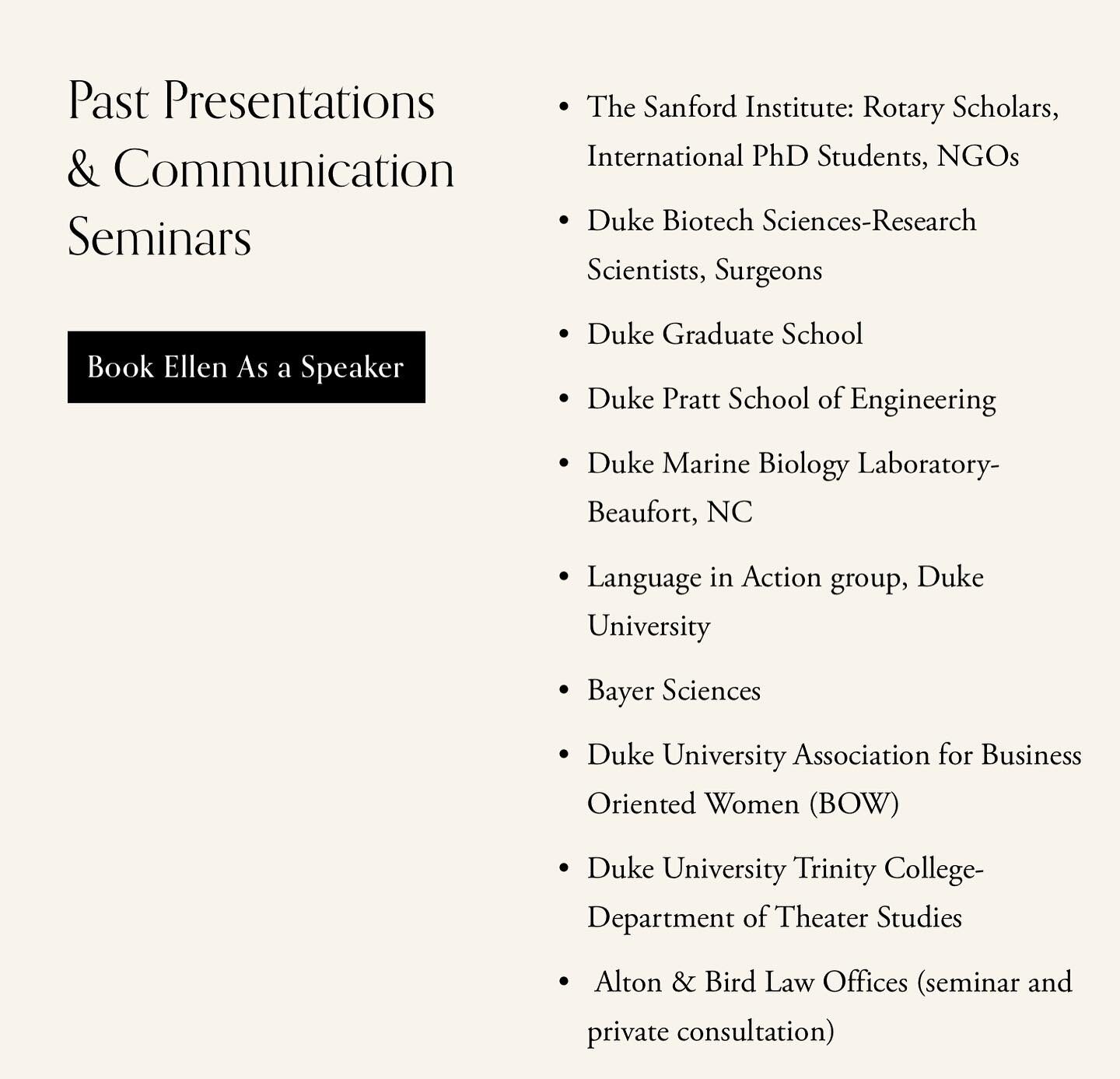 I am available to present at your next workshop or seminar to offer my knowledge and training in public speaking and personal communication skills to groups of any size. Here are some previous seminars and presentations I have spoken at.

#consulting