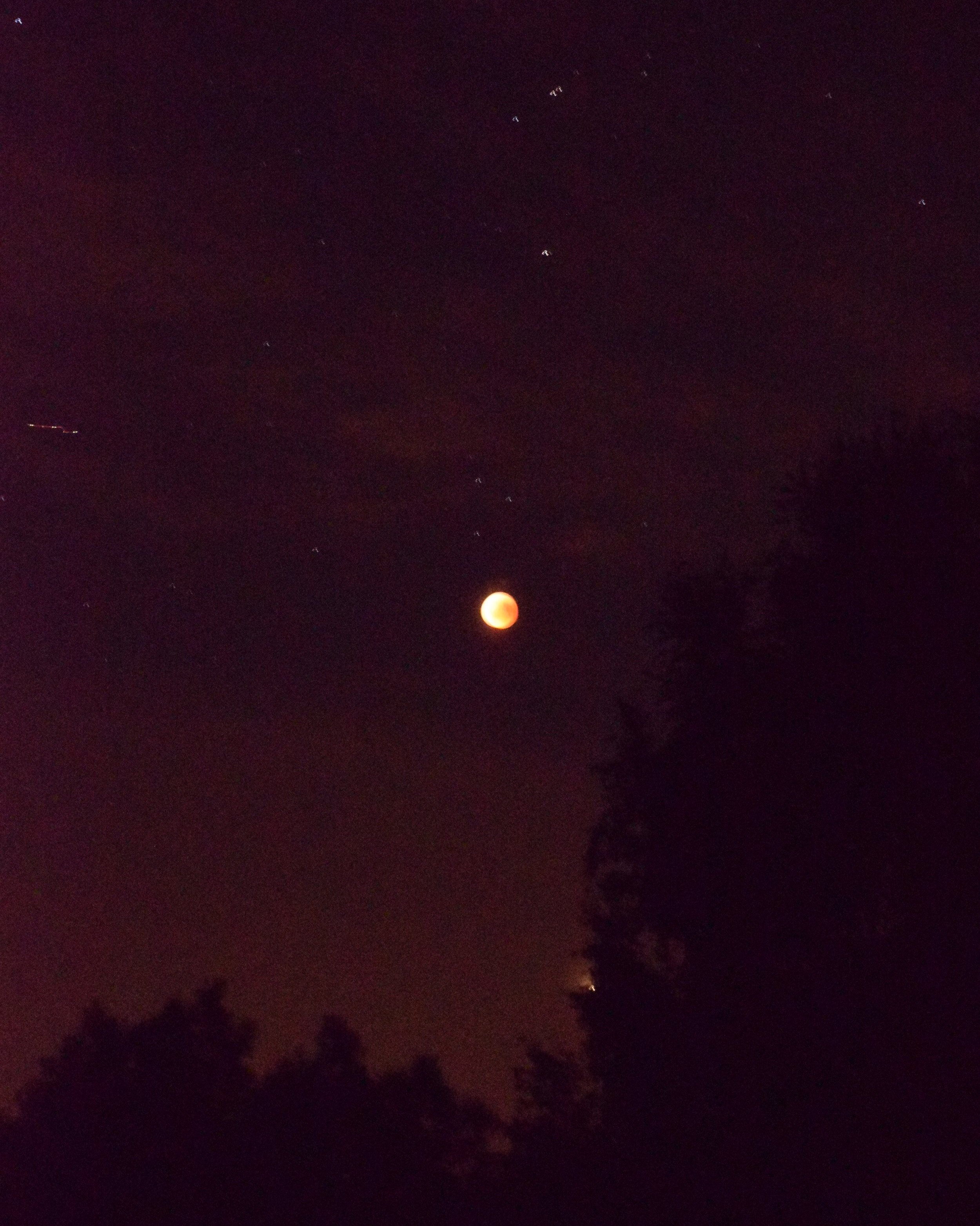 night photo of a yellow moon and stars shot on a kit lens without a tripod