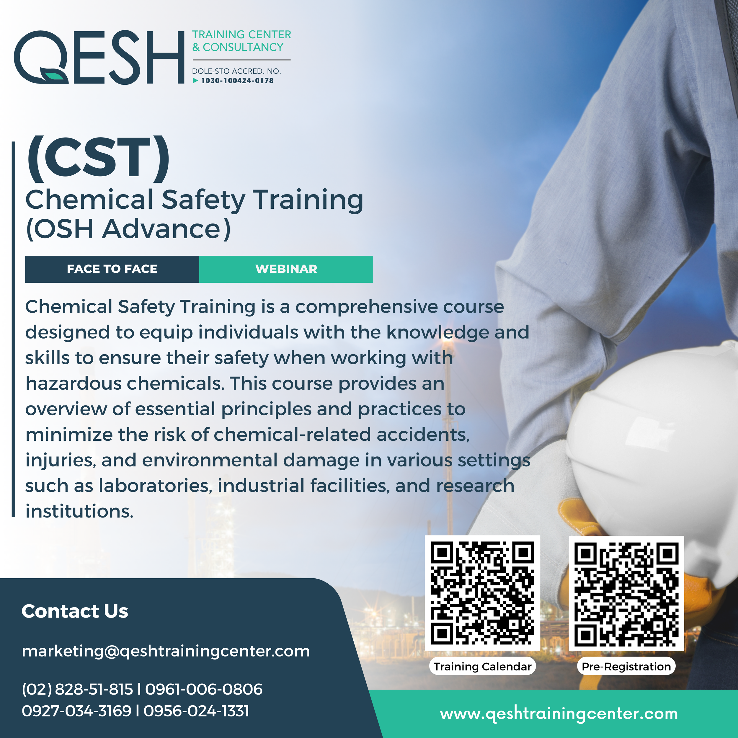 Flyer for QESH Training Center offering face-to-face and webinar chemical safety training courses, with QR codes for training calendar and pre-registration, and contact information at the bottom.