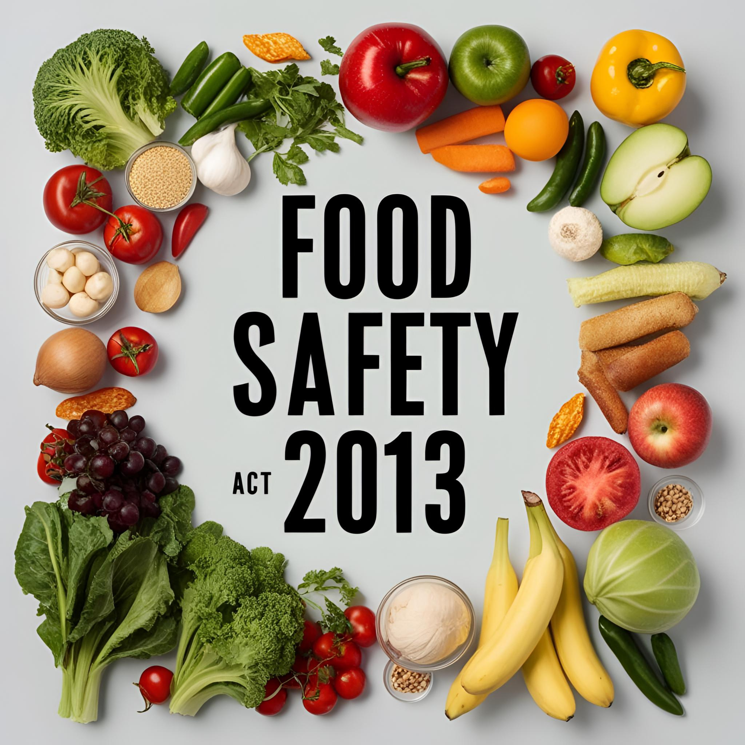 Assorted fresh fruits and vegetables arranged in a circle around the text 'Food Safety Act 2013' on a light background.
