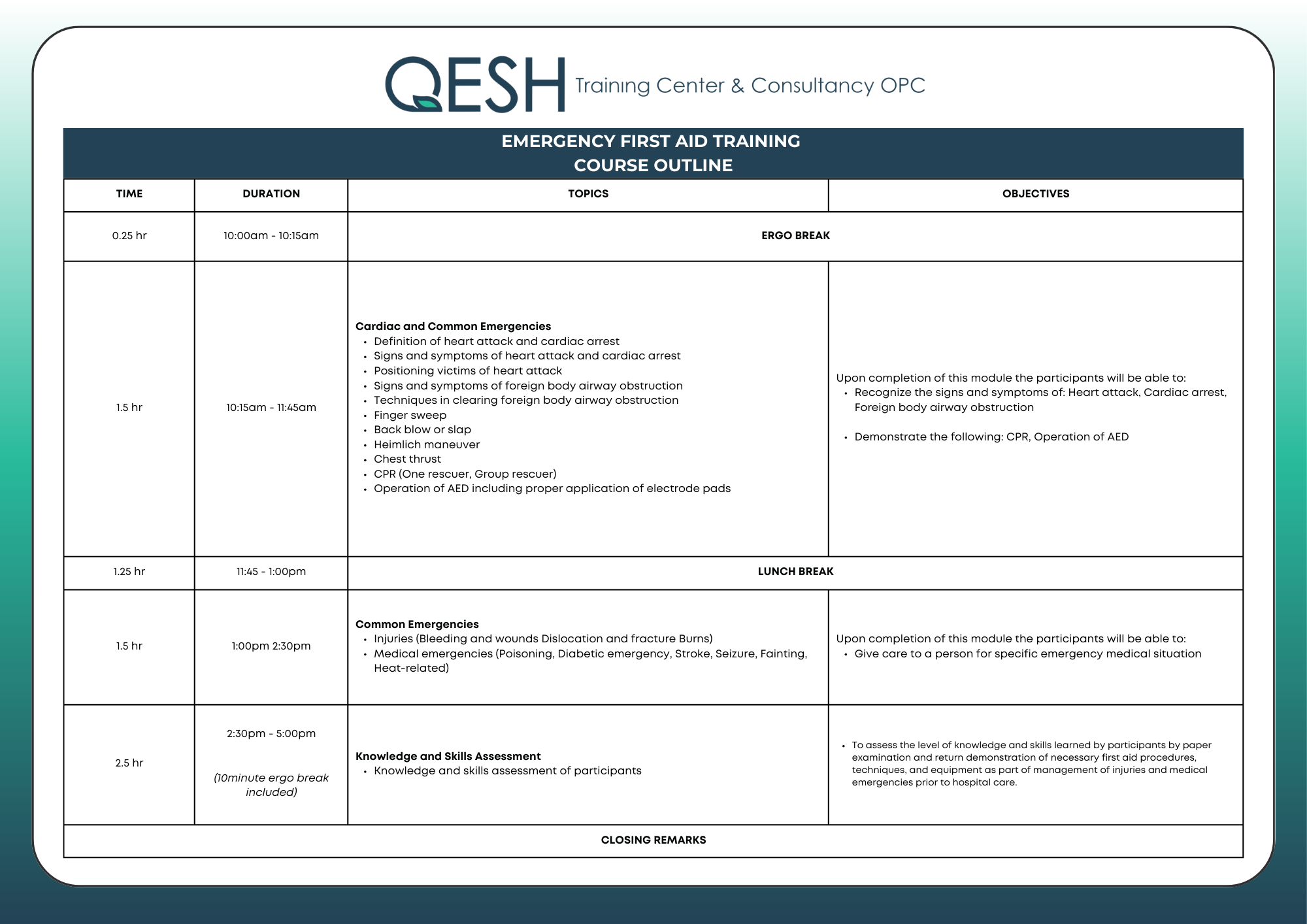 QESH Training Center - Be a trained Safety Officer in the Philippines