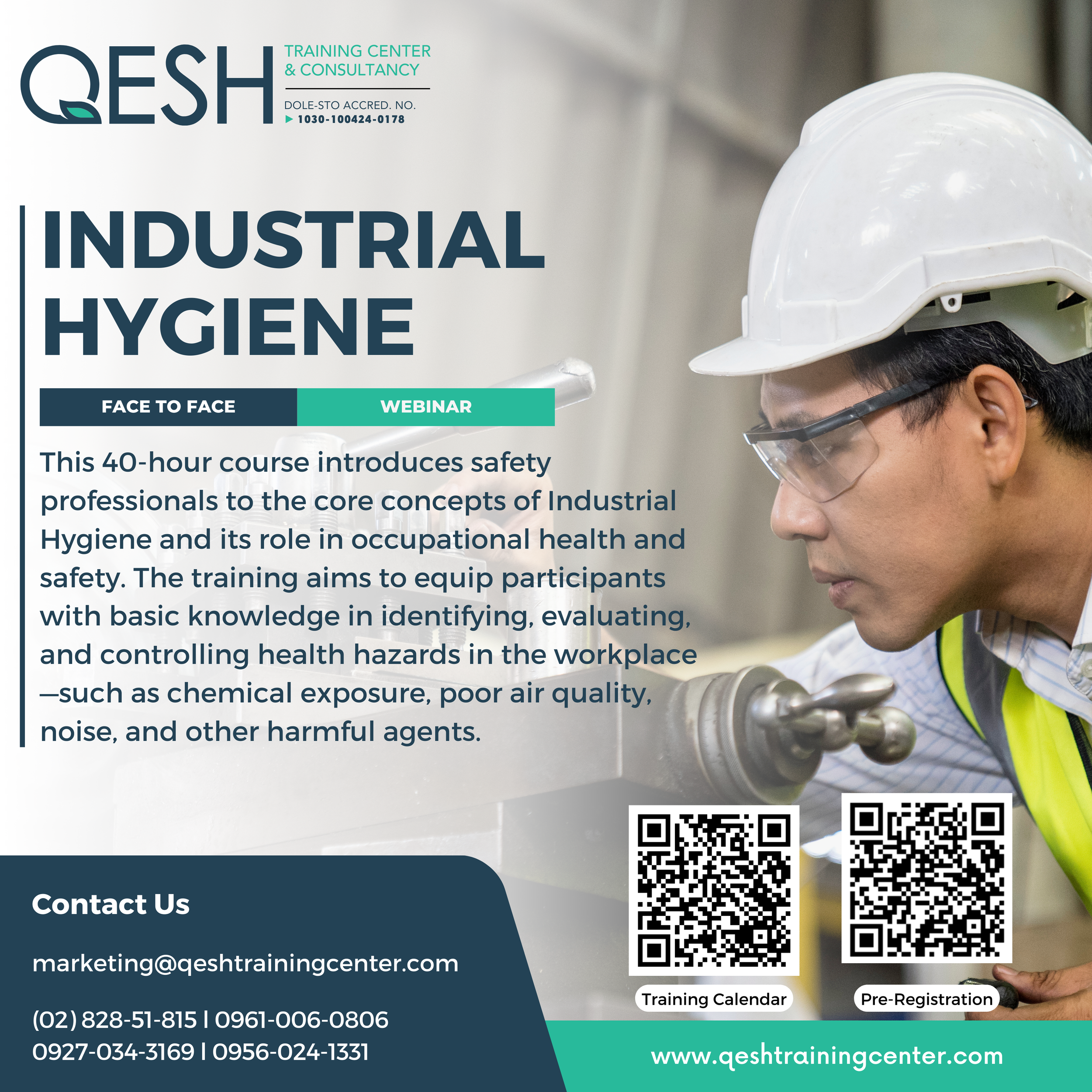 Poster advertising a training course on industrial hygiene, showing a man in safety glasses and a helmet working with machinery, with text details about the webinar, contact info, and QR codes for training calendar and pre-registration.