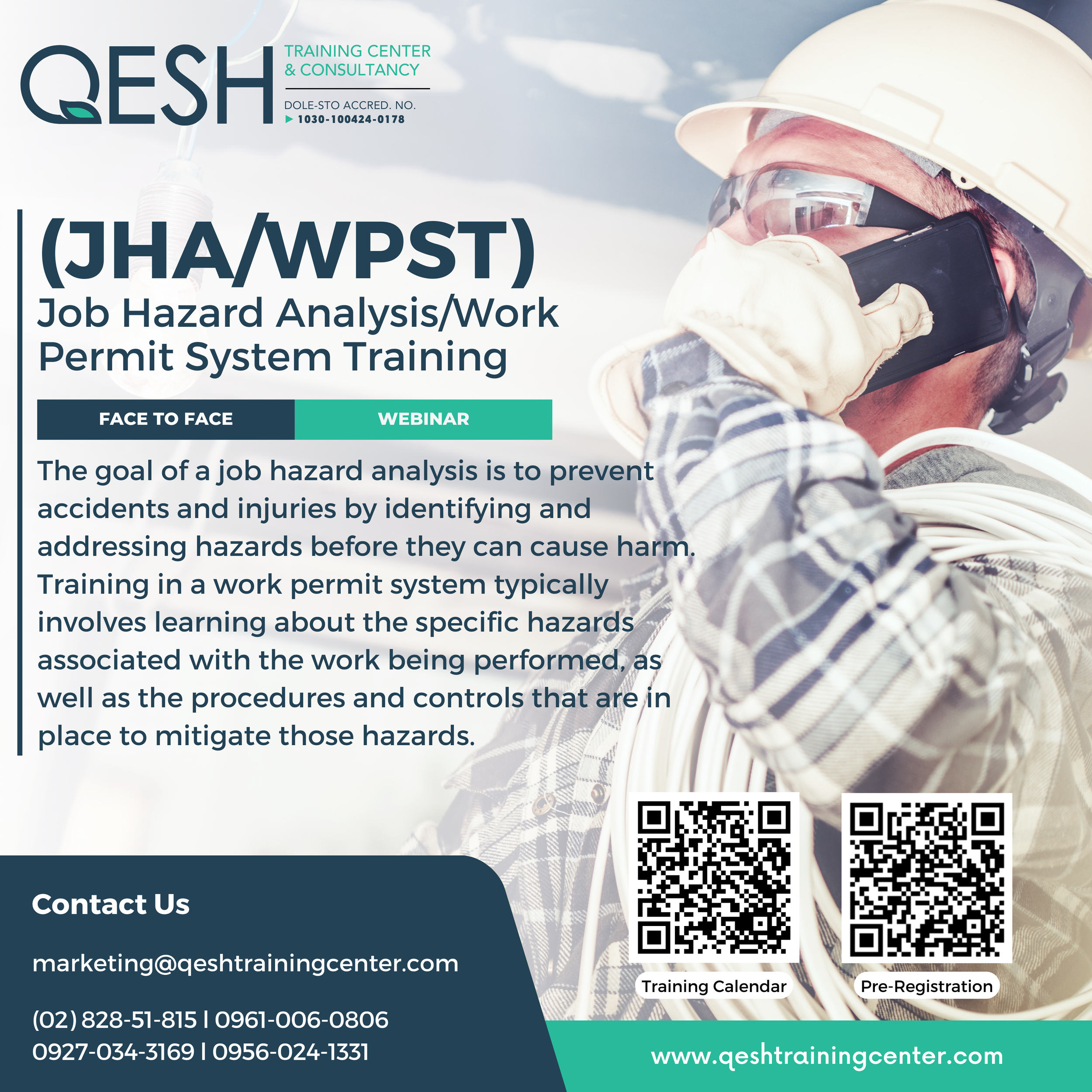 A worker wearing a hard hat, safety goggles, and gloves holding a phone to his ear, with a background of a cloudy sky. Overlaid text promotes a training course on Job Hazard Analysis and Work Permit System.