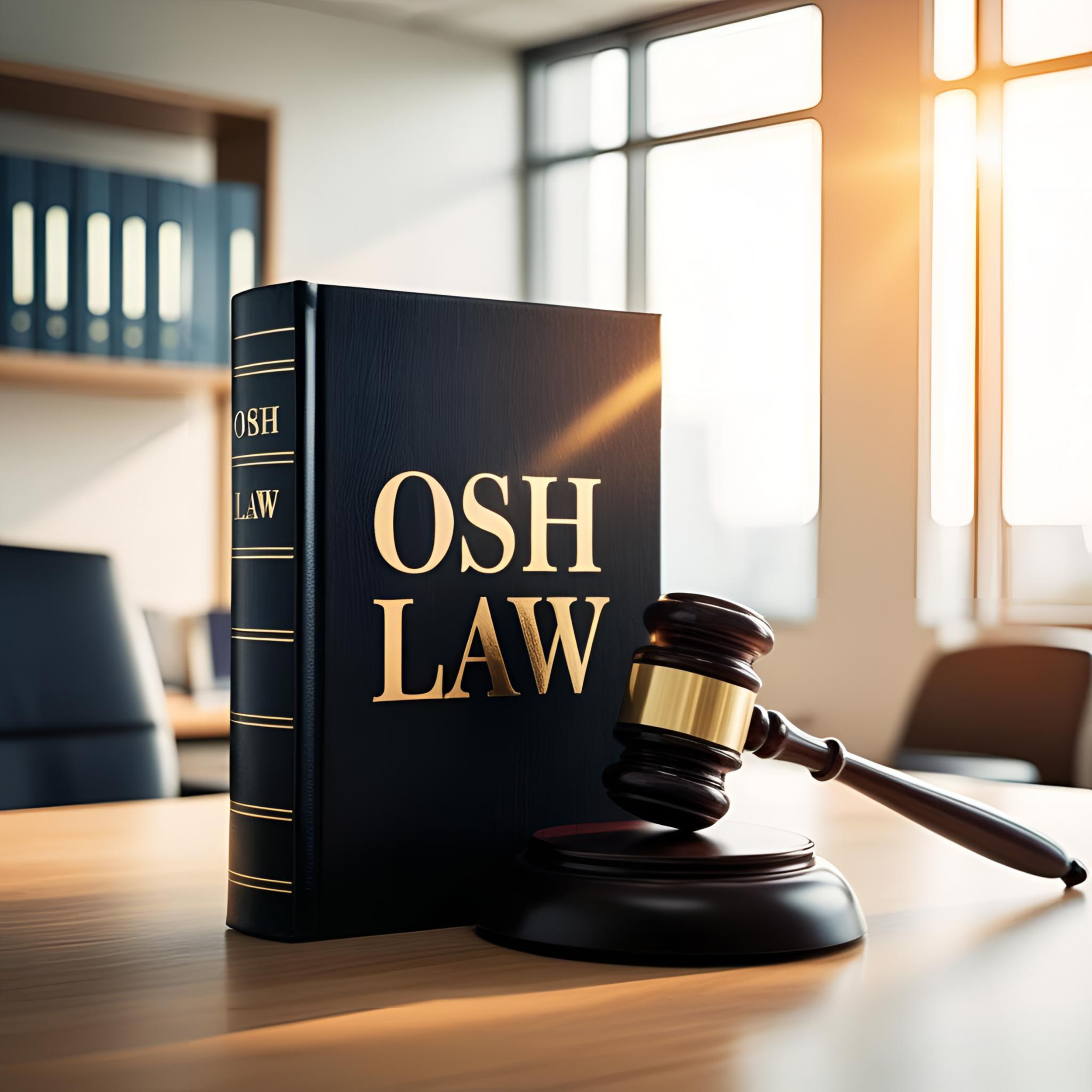 A large black book titled 'OSH LAW' and a gavel on a desk in a brightly lit office.