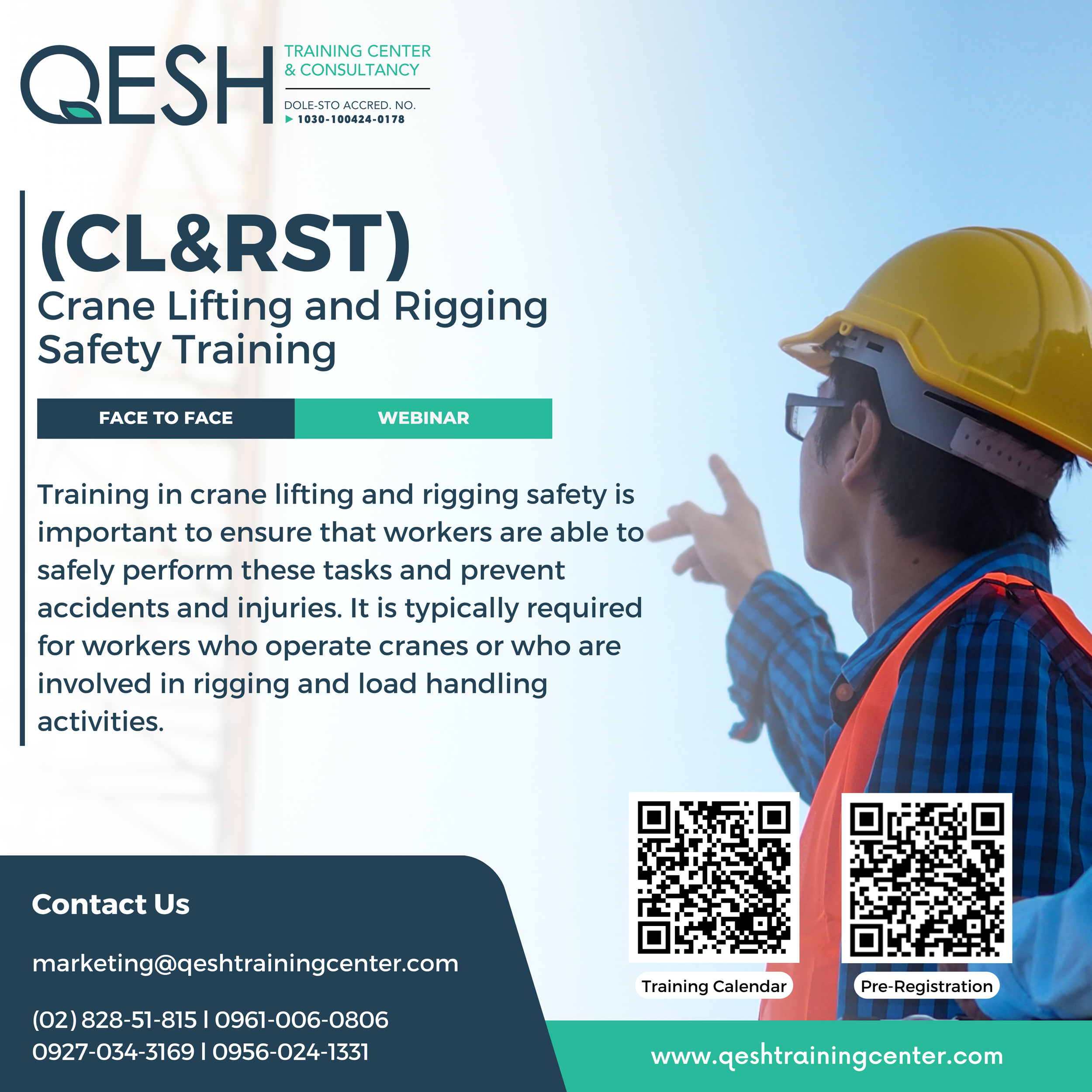 Poster advertising crane lifting and rigging safety training, featuring a construction worker in a yellow hard hat and safety vest pointing, with QR codes for training calendar and pre-registration, and contact information at the bottom.