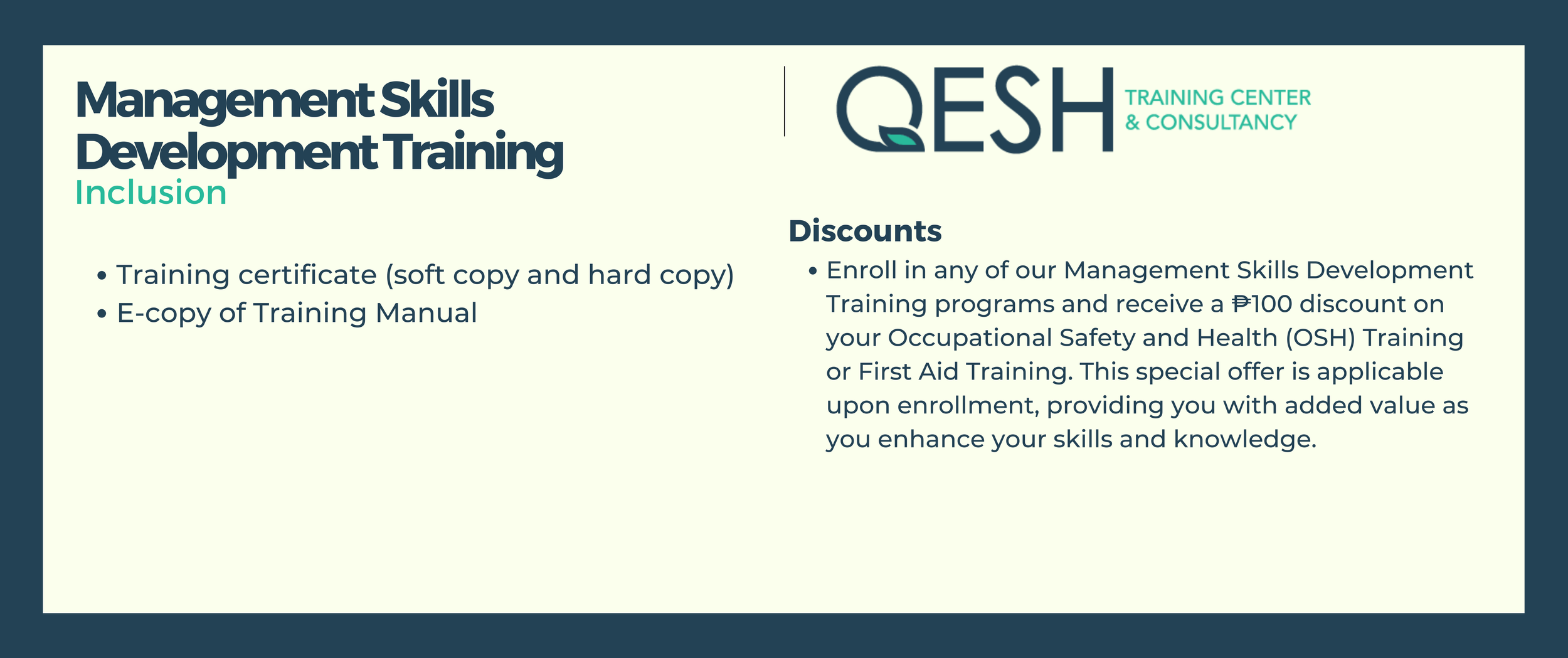 Ad for Management Skills Development Training by QESH Training Center & Consultancy, offering a training certificate and e-copy manual. Discounts available on OSH or First Aid Training upon enrollment.