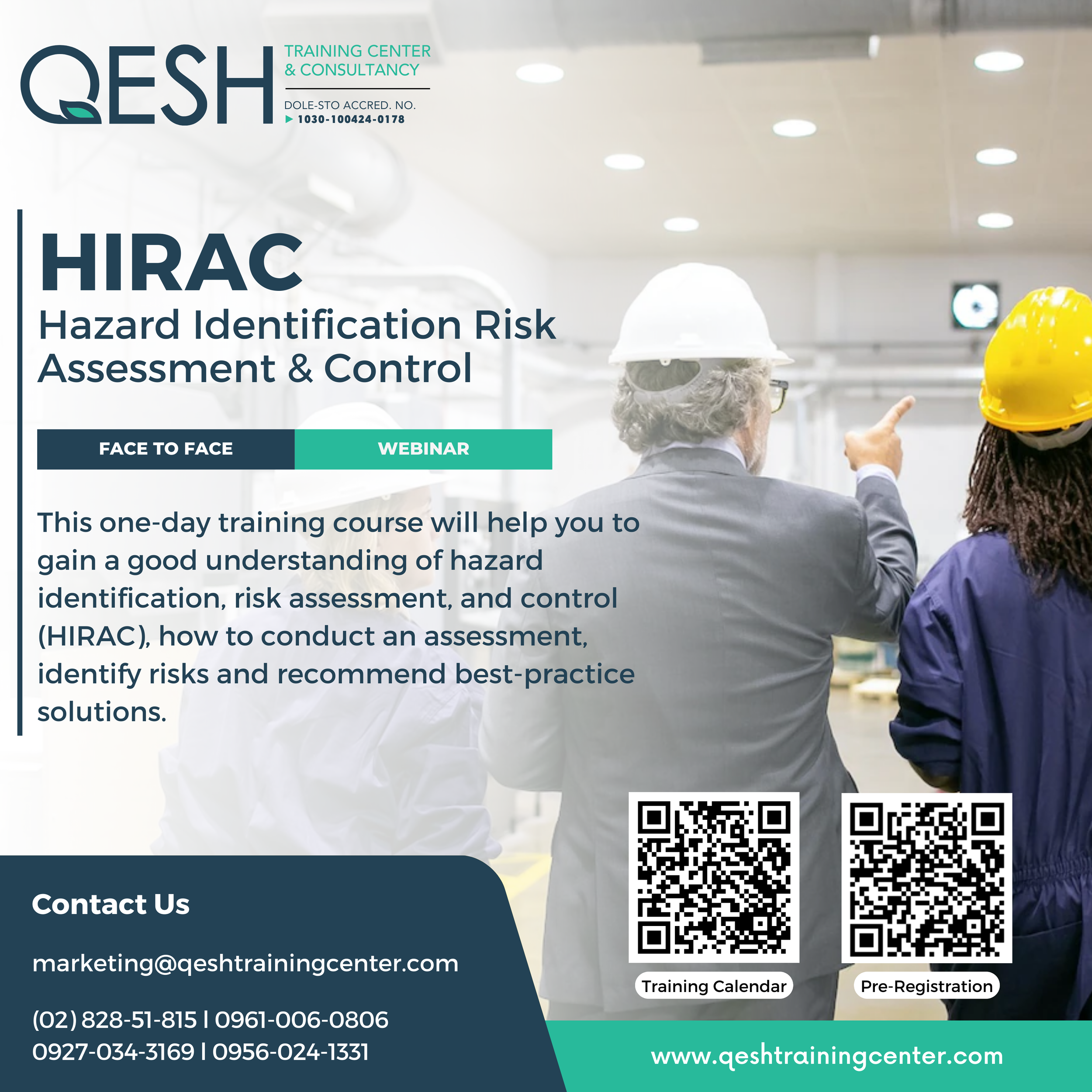 Poster advertising a webinar on hazard identification, risk assessment, and control (HIRAC) at a training center. The poster features two people in safety helmets discussing in an industrial setting, with QR codes for training calendar and pre-registration. Contact information and website details are also included.