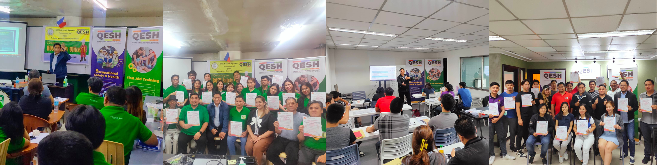 Group training event at IETI School System, featuring participants in a classroom setting with banners about QESH Training and First Aid. Attendees are sitting, listening to a presenter, and holding certificates. The event covers topics such as occup