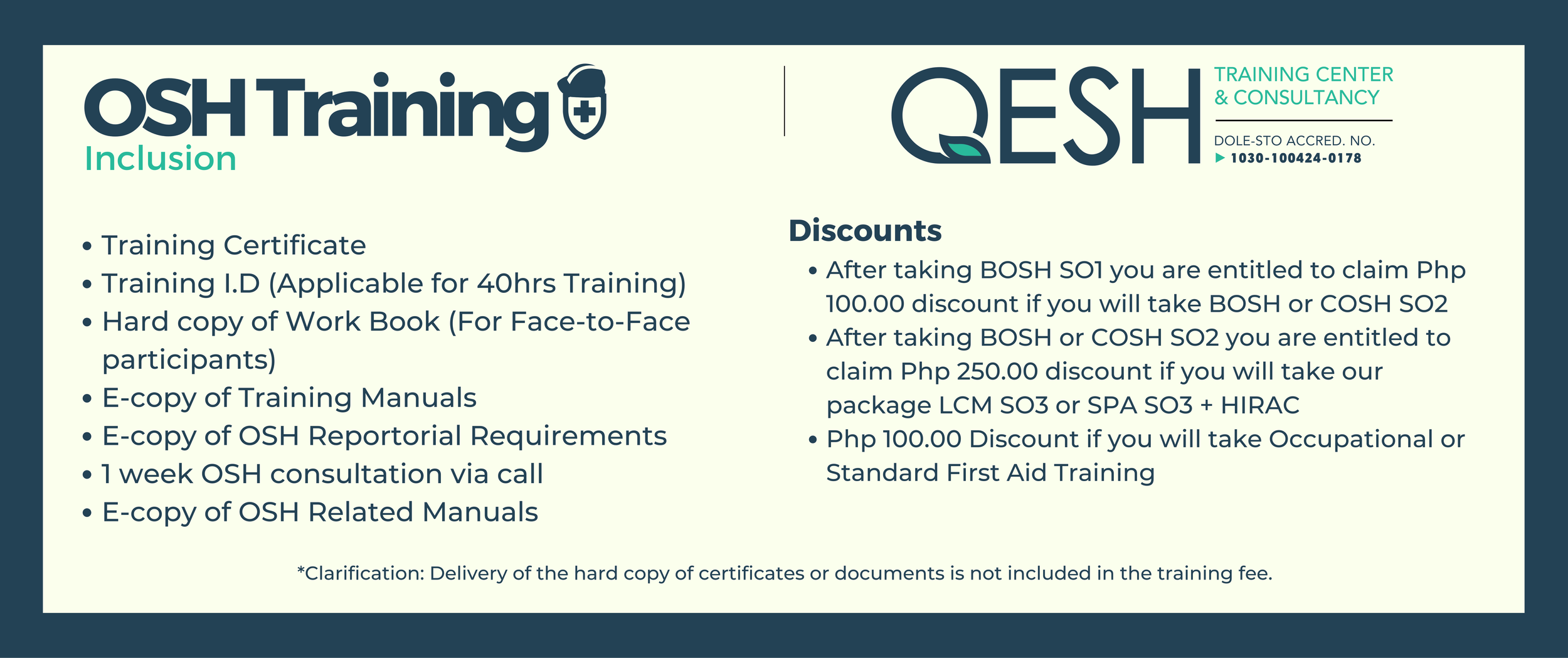 Promotional graphic for OSH Training and QESH Training Center & Consultancy. Left side lists inclusions like training certificate, ID, work book, and various e-copies. Right side details discounts for courses including BOSH, COSH, and first aid training.