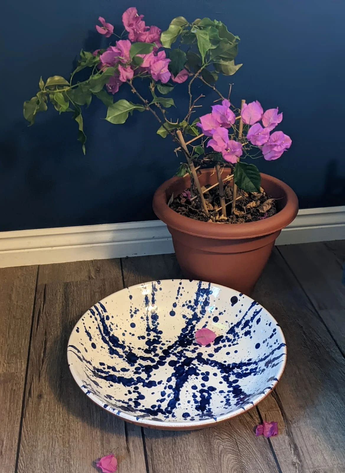 Beautiful Spanish terracotta splatter glazed large blue and white (38cm) serving bowl, ideal for a wedding present, anniversary or Birthday gift.