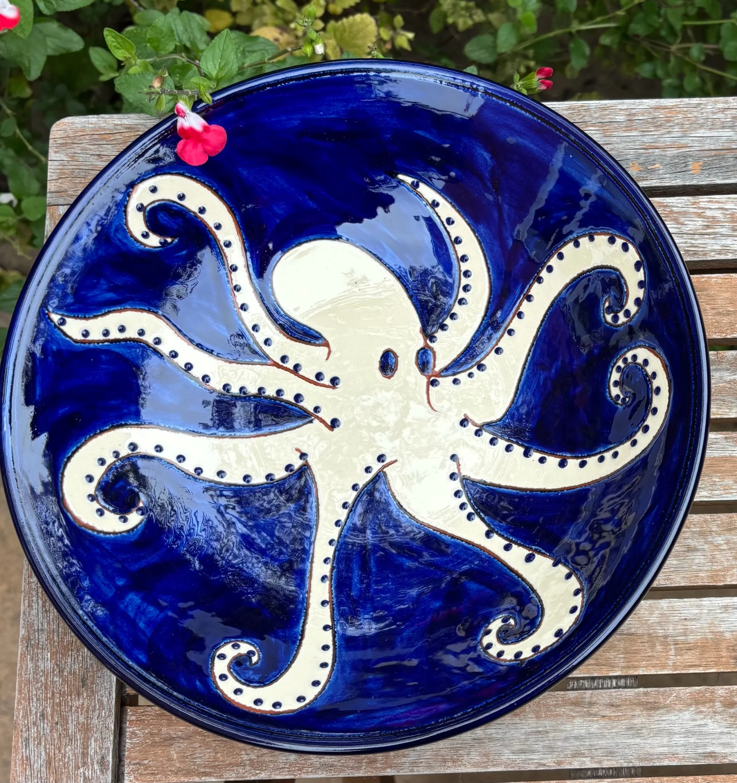 Spanish pottery handpainted serving bowl. Blue and white octopus bowl