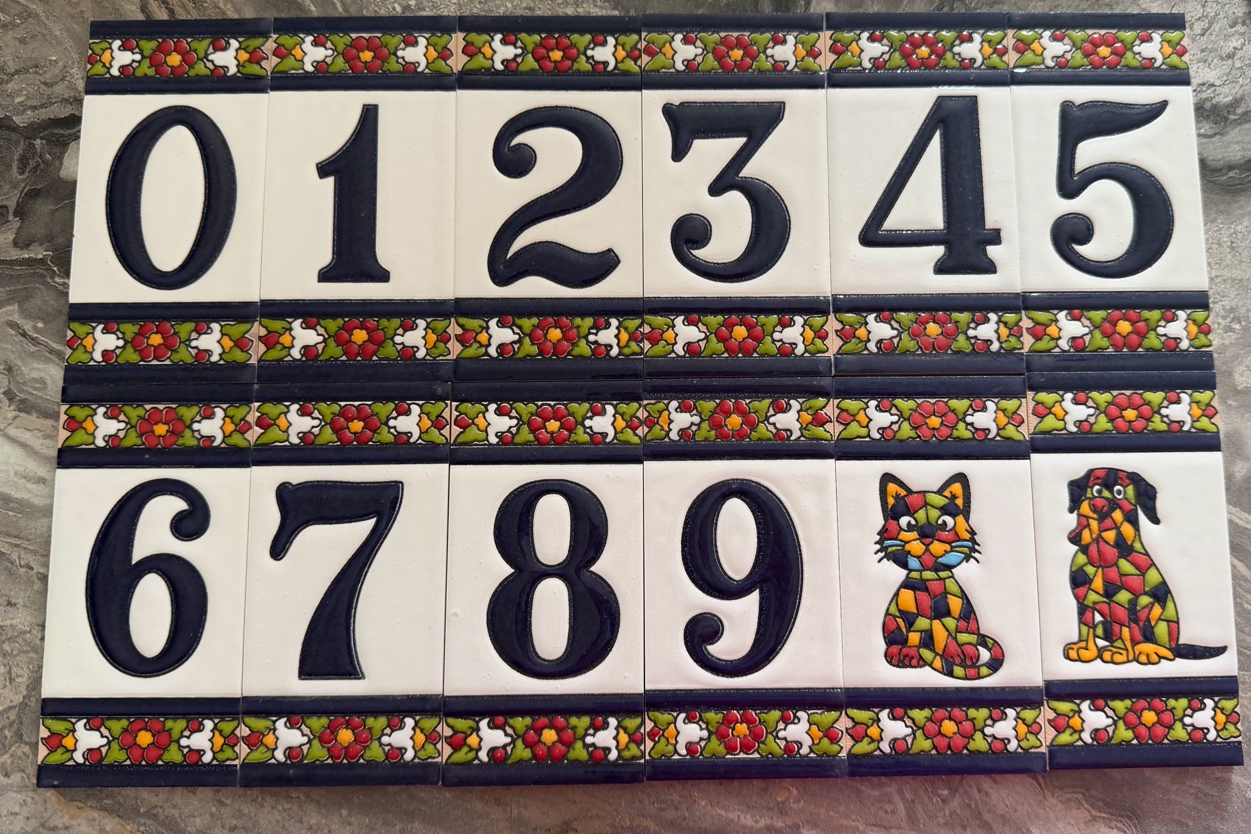 Glazed Spanish terracotta address number tiles 0-9 and cat and dog placards